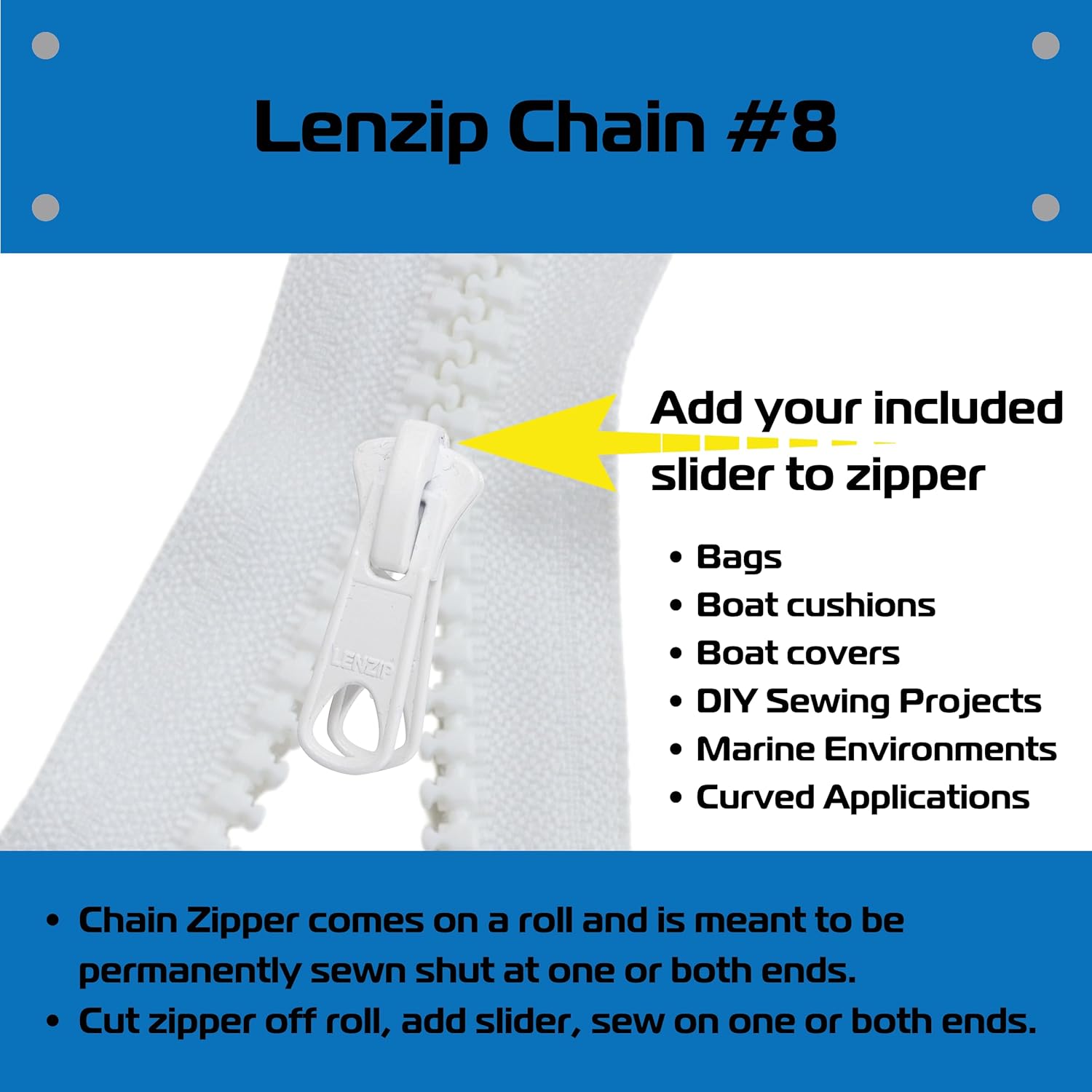 EZ-Xtend #8 Lenzip Chain Plastic Molded Plastic Tooth Zipper by The Yard with Metal Locking Double Sliders. Bags, Boat Cushions, Boat Covers, Back Packs, Sewing Projects, Replacement Zipper