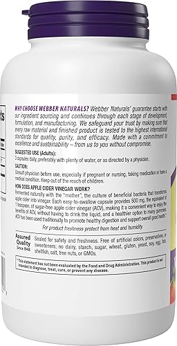 Miniatura 3 de Webber Naturals Pastillas de vinagre de sidra de manzana, 1,500 mg por porción, alta potencia, 240 cápsulas, digestión natural, metabolismo, peso y