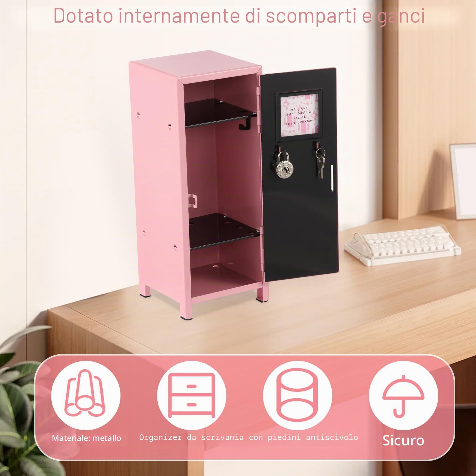 Mini armadietto con serratura e chiave, 27,5 x 10,5 x 10,5 cm, in metallo antiruggine, piccolo spazio da scrivania, con scomparti per desktop e ragazze e ragazzi