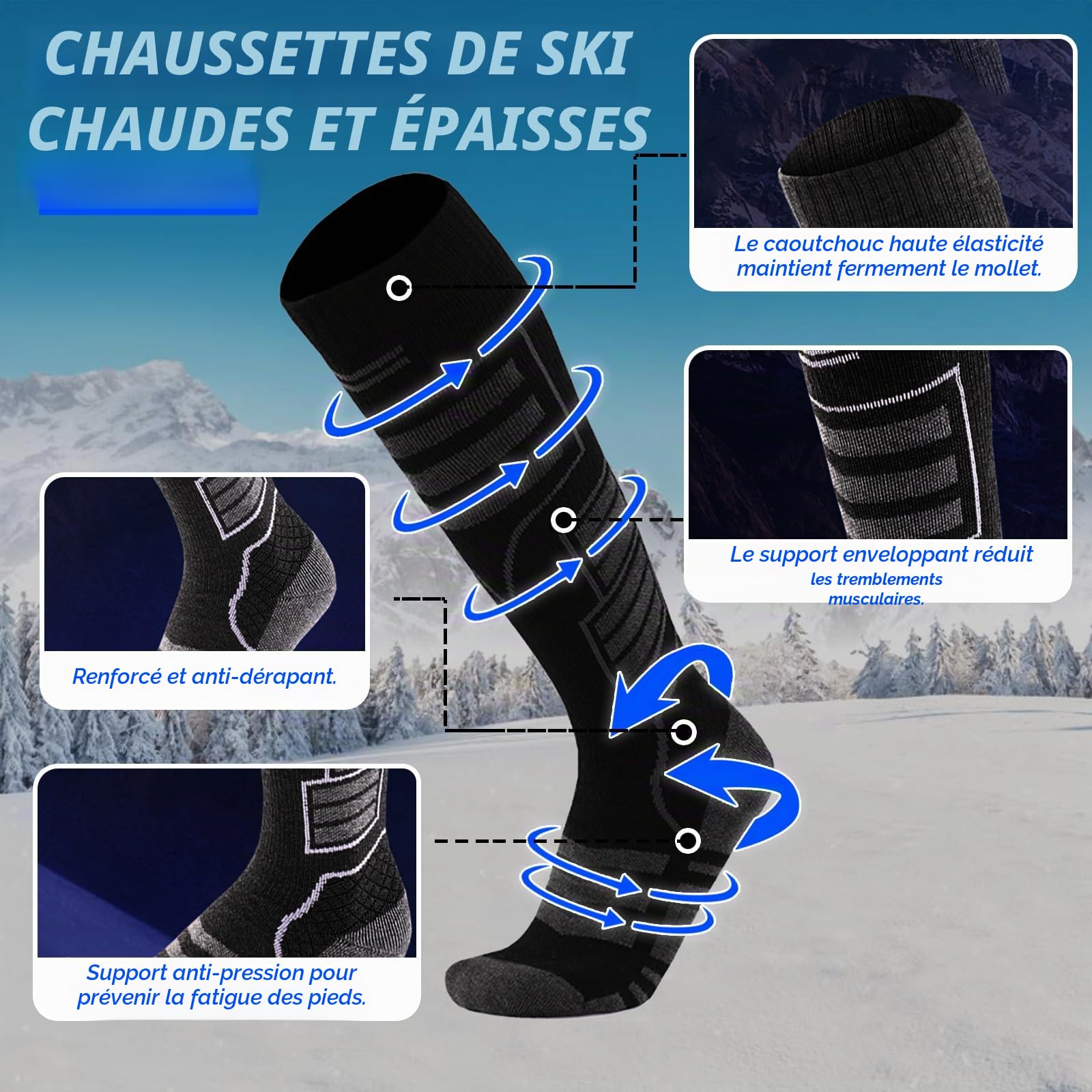 2 Paires Chaussettes de Ski Laine Mérinos Homme, 39-44 Chaussette thermique d'hiver