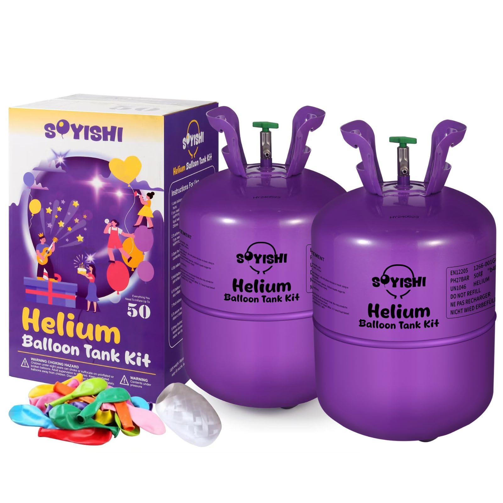 Helium Tank for Balloons At Home 13L Helium Balloon Pump Kit with 50 Assorted Latex Balloons, White Curling Ribbon and Wholesalehome Balloon Tie Tool