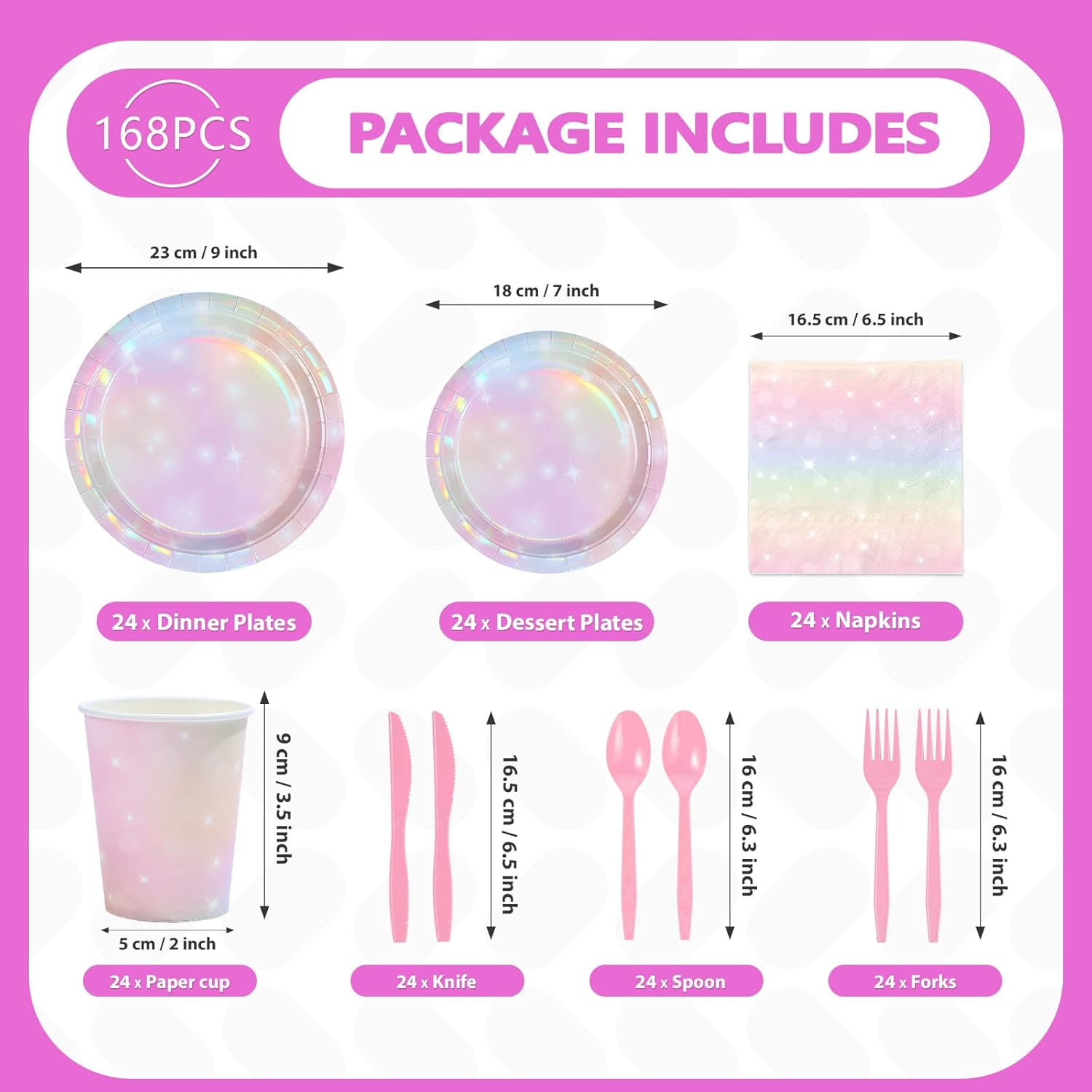 168Pcs Pink Pastel Rainbow Party Decorations Pink Iridescent Plates and Napkins Cups Tableware Sets Rainbow Party Decorations for Rainbow on Cloud 9 Birthday Weddings Baby Shower Supplies Serves 24