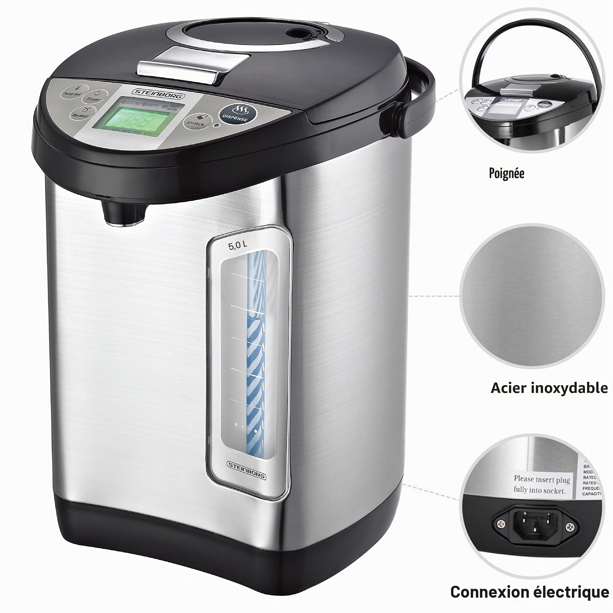 Thermopot 5 L | Distributeur d'Eau Chaude en Acier Inoxydable | Écran LC | Idéal pour le Vin Chaud | Bouilloire à Thé | Bouteille Isotherme