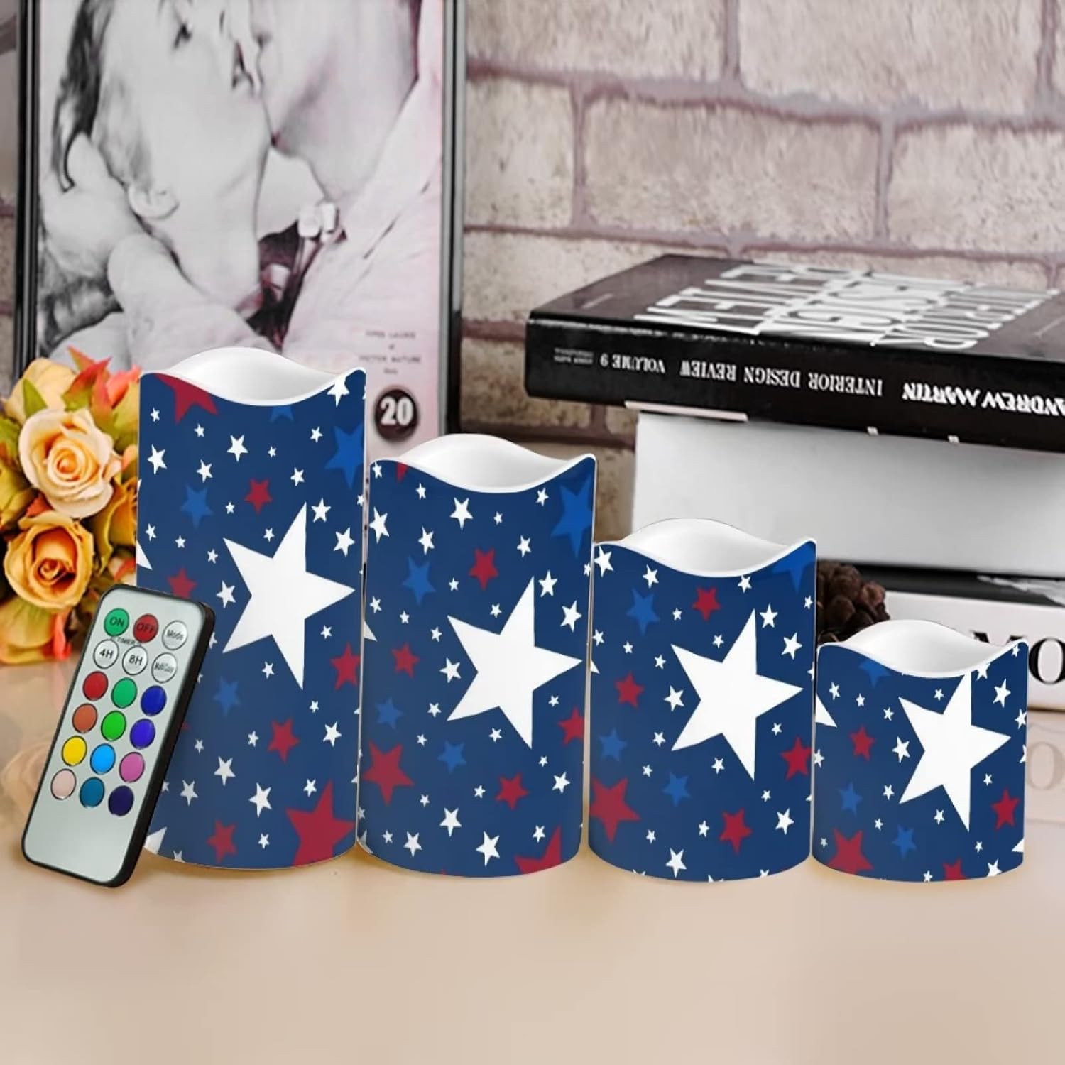 Jeiento 4 Pack American Flag Flameless Candles Battery Operated, 4th of July Patriotic Candles Tealights Color Changing Pillar Candles for Outdoor Indoor Decorations