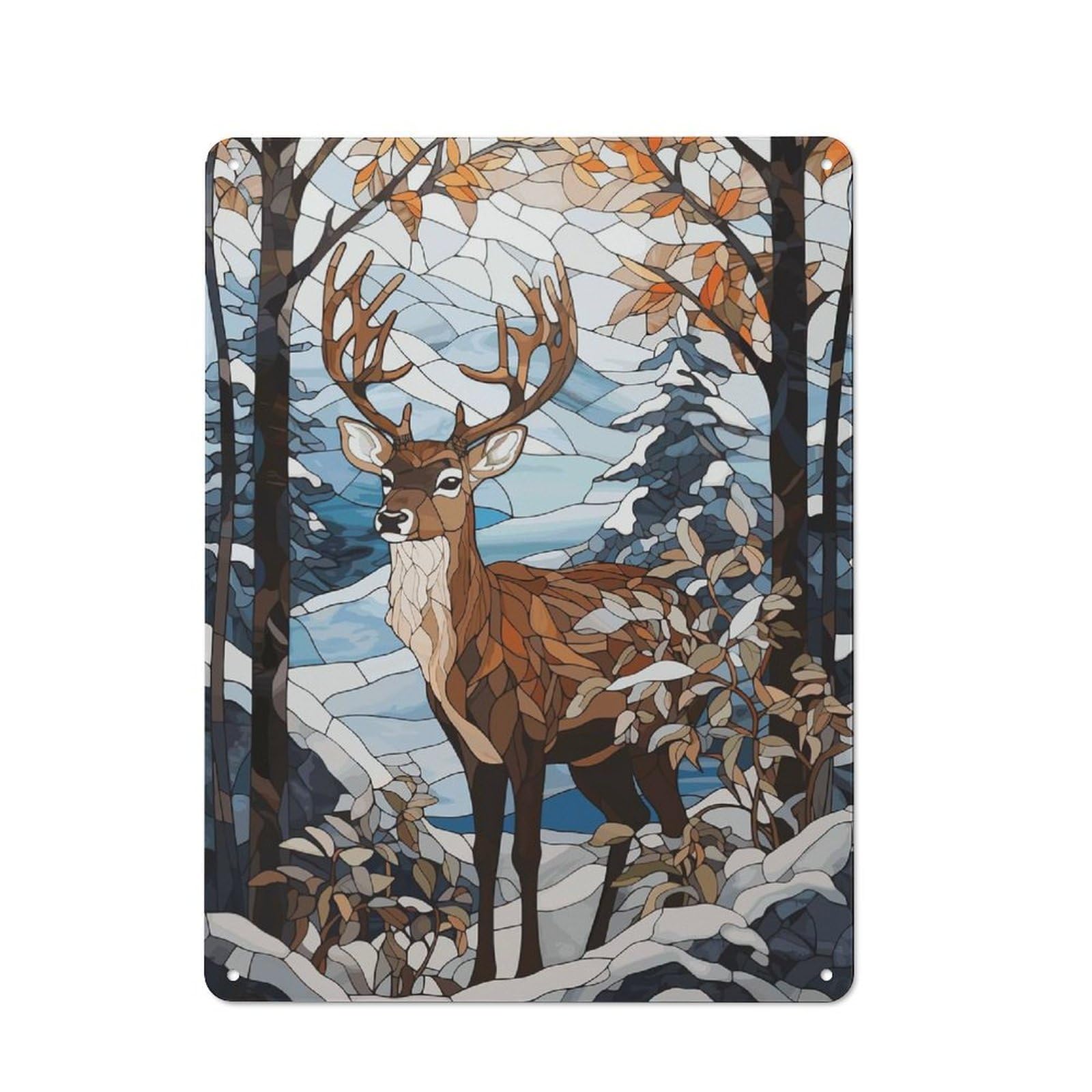 Junmoney Deer Snowy Stained Glass Metal Sign 40X30cm With For Workshop Wall, Vintage Decor, A Decorative Christmas Gift For Metal Sign Collectors