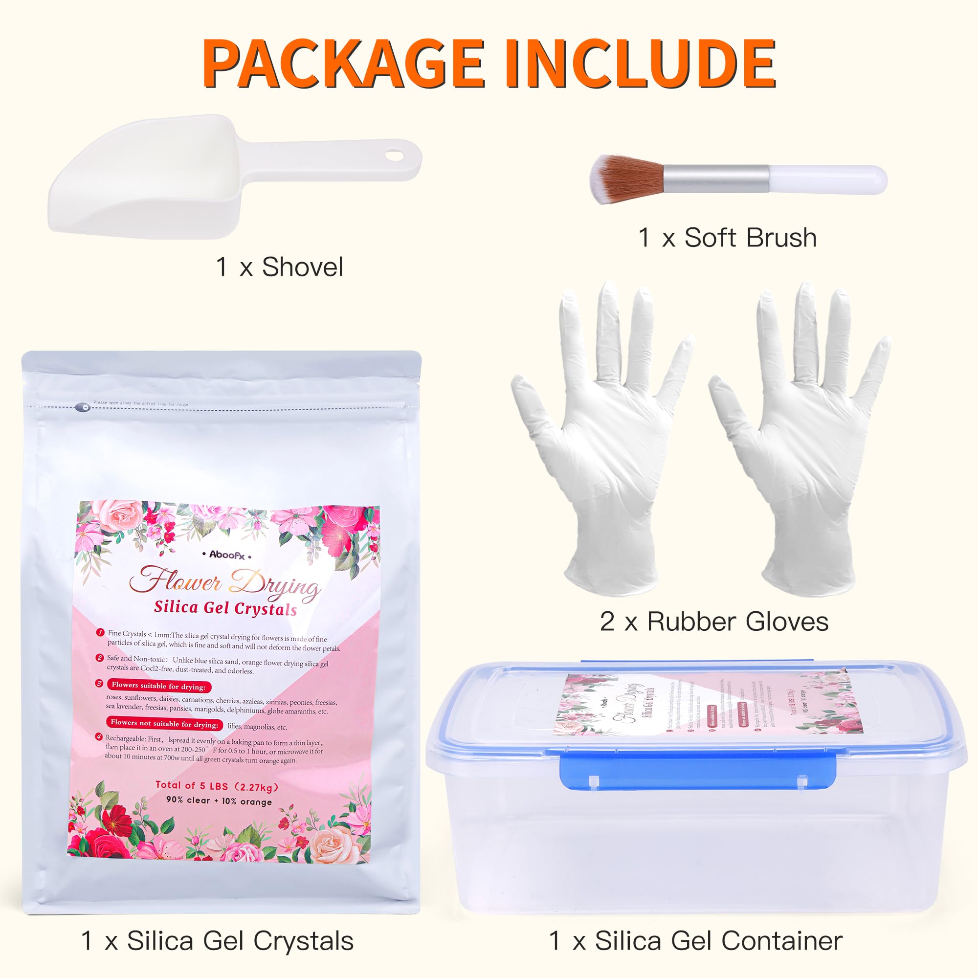 Aboofx Kit de Secado de Flores con Gel de Silice 5 lbs (2.27 kg), Cristales Reutilizables con Indicador de Color, Contenedor Hermético, Cepillo, Espátula y Guantes, Kit de Conservación DIY