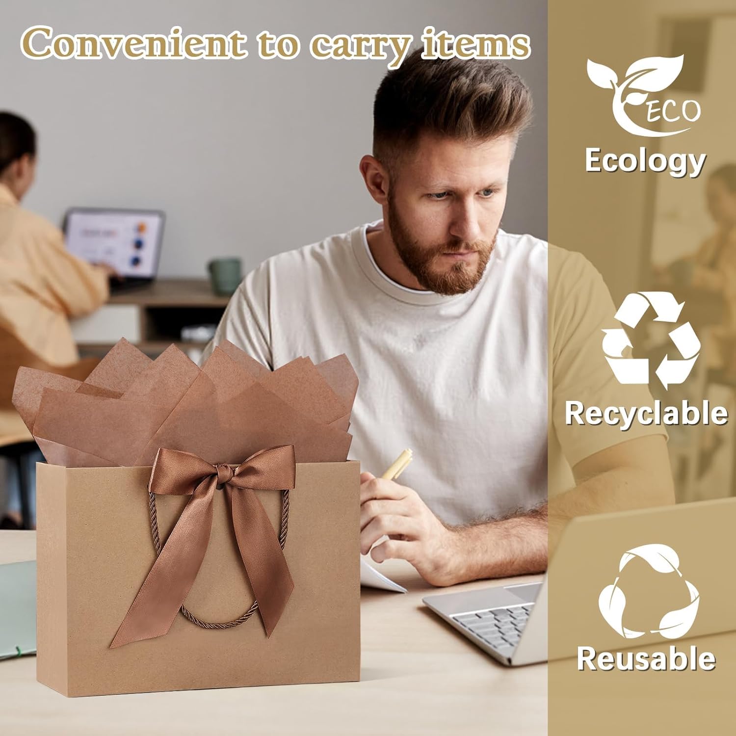 YoungTree Medium Gift Bag with Ribbon and Greeting Card 2 Tissue Papers, Paper Birthday Gift Bag with Handles, Present Bags for Valentines Day Wedding Engagement Anniversary Party Supplies (Kraft) - Image 3