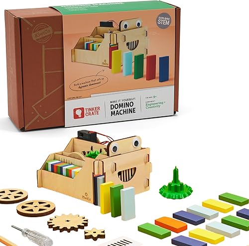 KiwiCo Domino Machine - Juego de madera - 100 dominó y robot de dominó de madera para mayores de 9 años