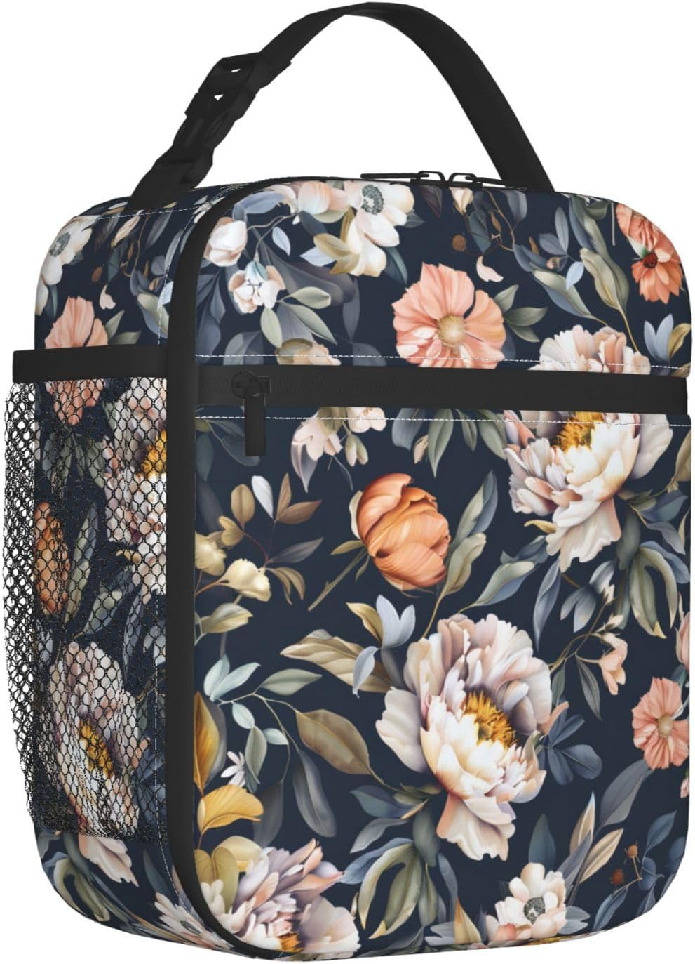 Reusable Floral Lunch Box for Kids Girls Boys Women Adult, Insulated Peony Lunch Bag,Polyester Cooler Flower Handbags Case for School Picnic Work Travel Beach or Hiking (Dark)