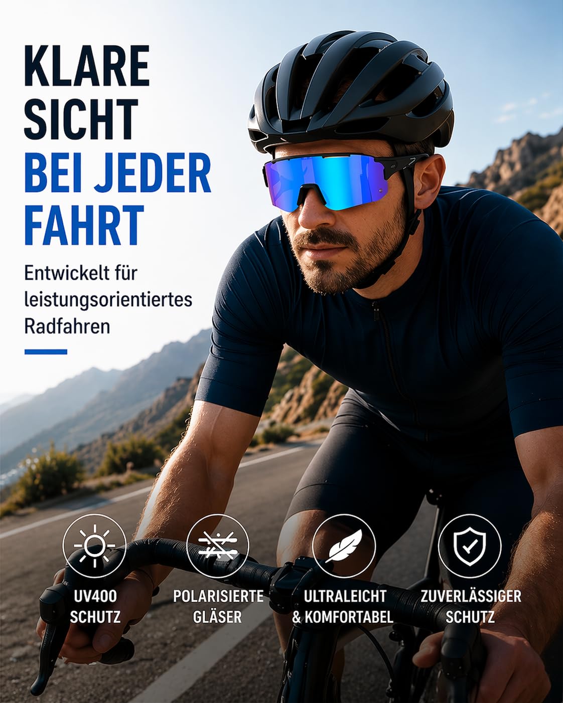 Schnelle Brille Herren Winddicht Sport Sonnenbrille Damen-UV400 Schutz Fahrradbrille Ultraleicht Randlos Sportbrille mit 3 Austauschbare Linse für Radfahren MTB Angeln Fahrrad Laufen