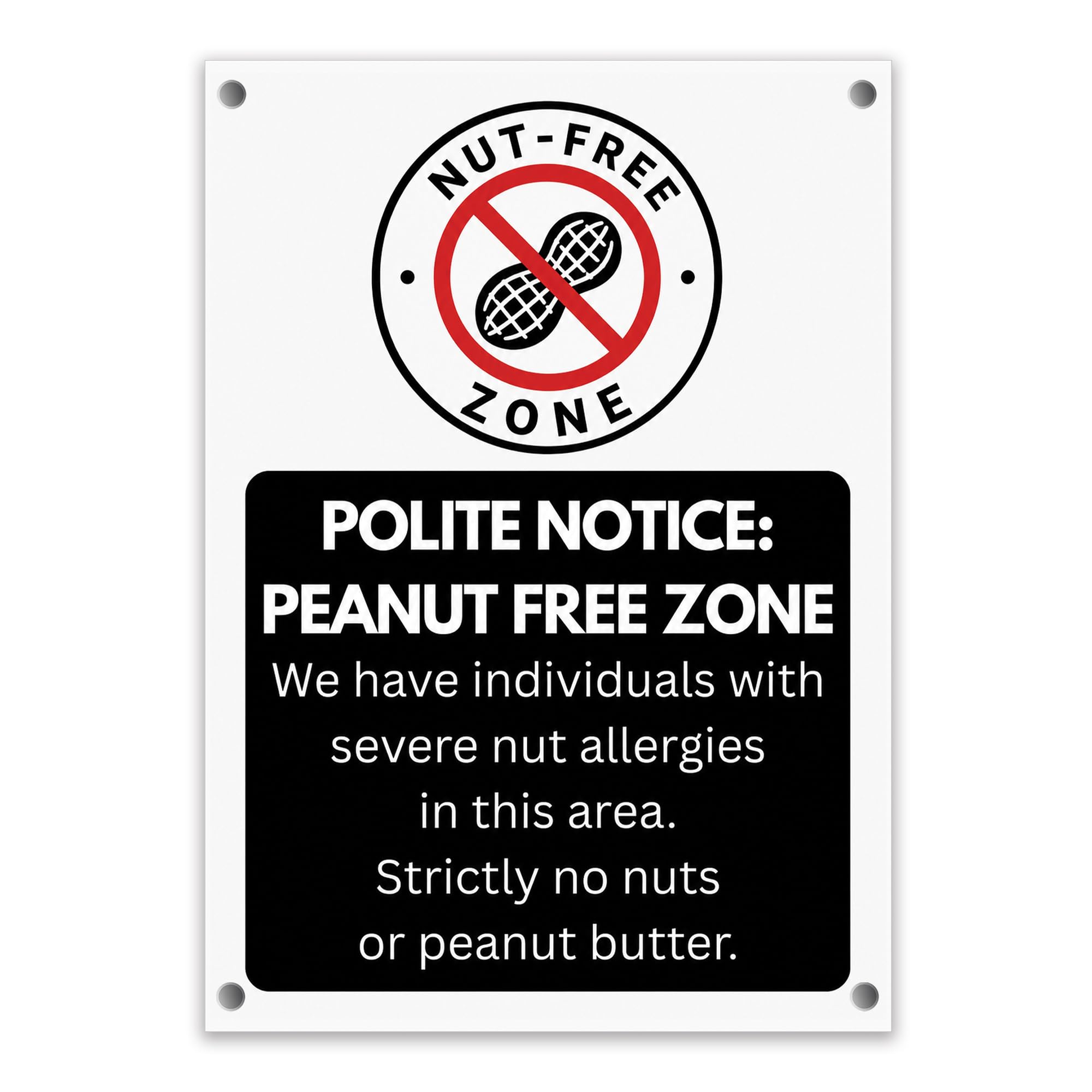 LP Lifestyle Nut Free Zone Sign Durable Weatherproof Rust-Free Waterproof PVC Peanut Allergy Allergen Warning Notice for Schools Homes Cafes Nurseries Use No. 572 (A4 (210mm x 297mm) – Holes)