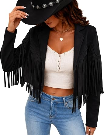 Womens Faux Suede Fringe Tassel Jacket Cropped Western Cowgirl Top