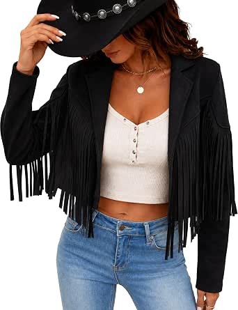 Women's Faux Suede Fringe Tassel Jacket Cropped Western Cowgirl Top