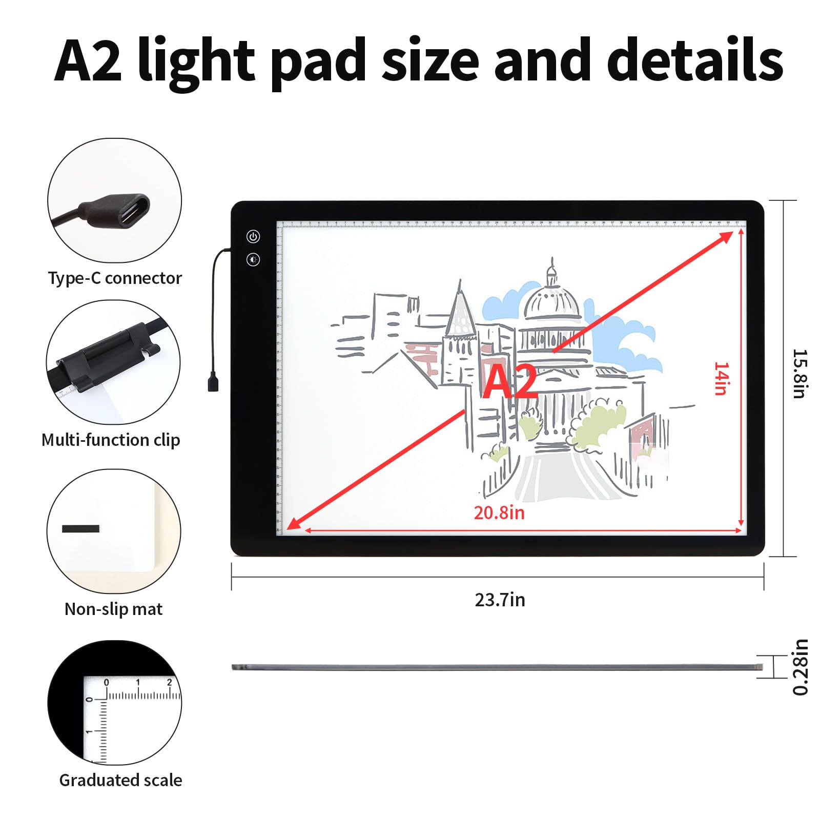 YINGWOND Rechargeable A2 Light Pad, Wireless Battery Powered Artist Tracing Light Box, 3 Colors/6-Level/Stepless Adjusted Brightness Large Light Board For Diamond Painting, Cricut Weeding Vinyl, Art
