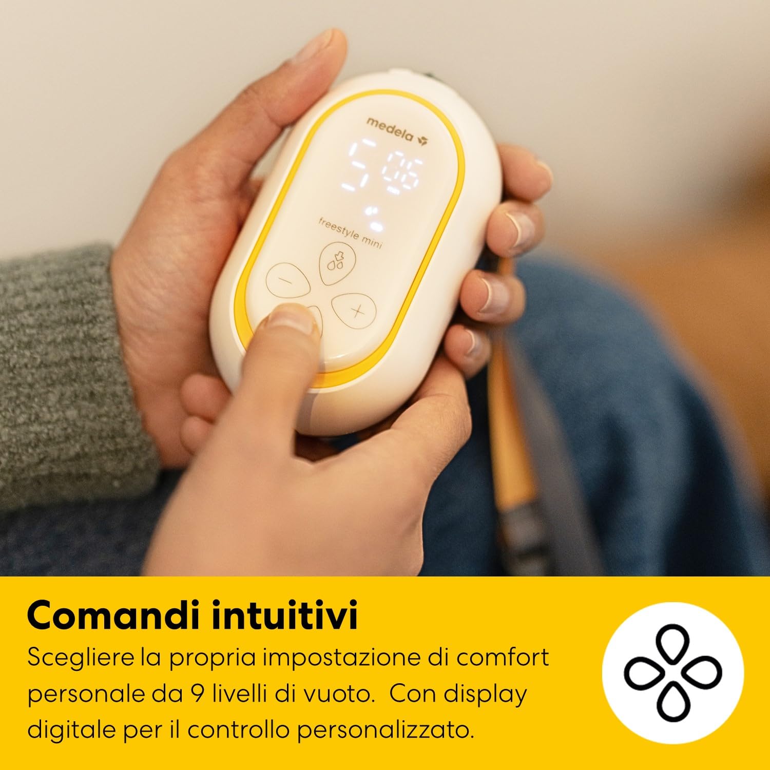 Medela Freestyle Mini Hands-Free elettrico doppio con coppe Hands-Free e batteria ricaricabile.