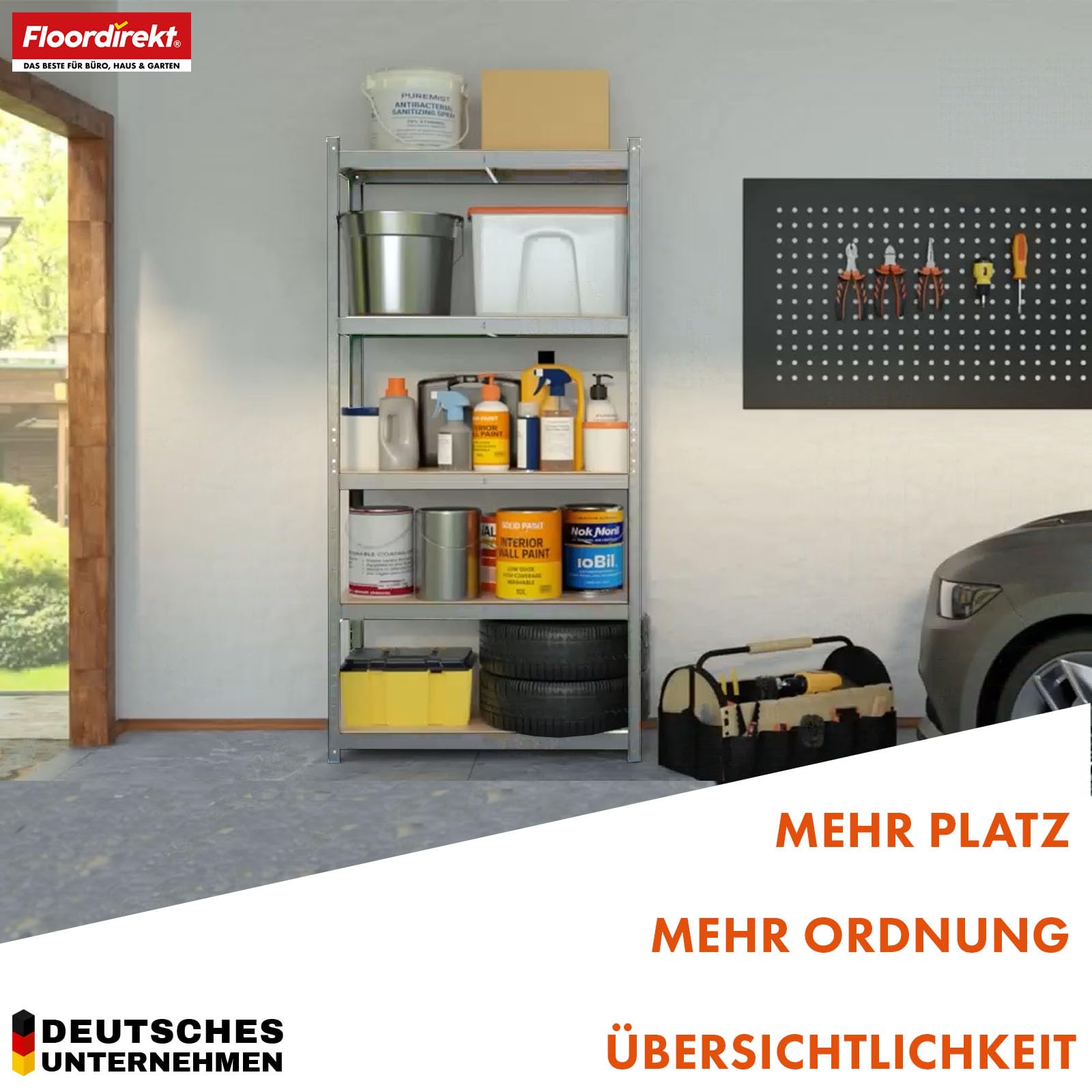 Floordirekt Schwerlastregal, Kellerregal, Lagerregal mit Stahlgestell 1050 kg Traglast (Verzinkt, 180 x 90 x 60 cm) Rhino
