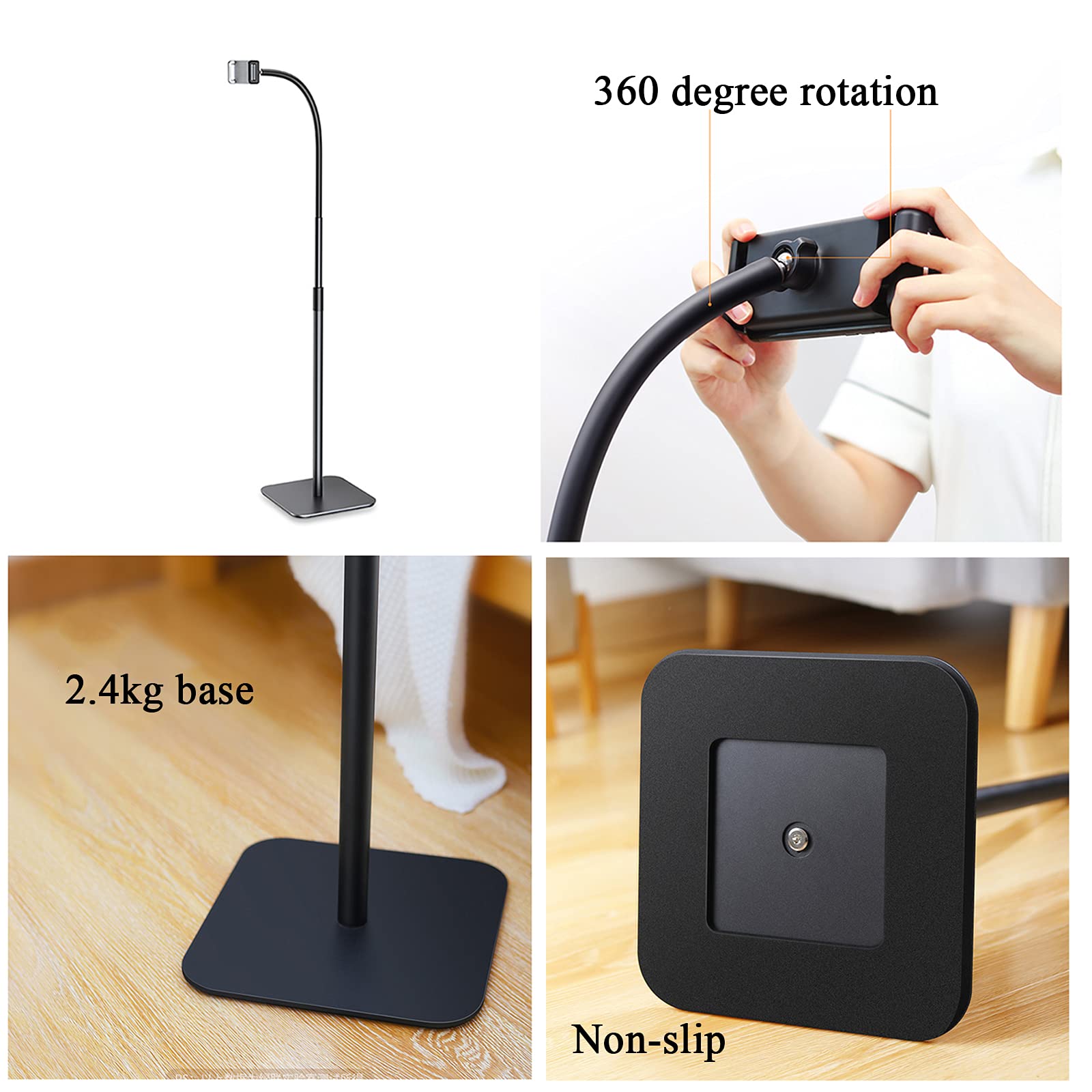 Tablet Verstellbar Bodenständer, Handy und Tablet-Bodenständer 360 Grad drehbar Schwanenhals Handy Halterung, Winkel Höhe einstellbar, Kompatibel mit 4.7-12.9 Zoll iPhone Samsung iPad Tablet
