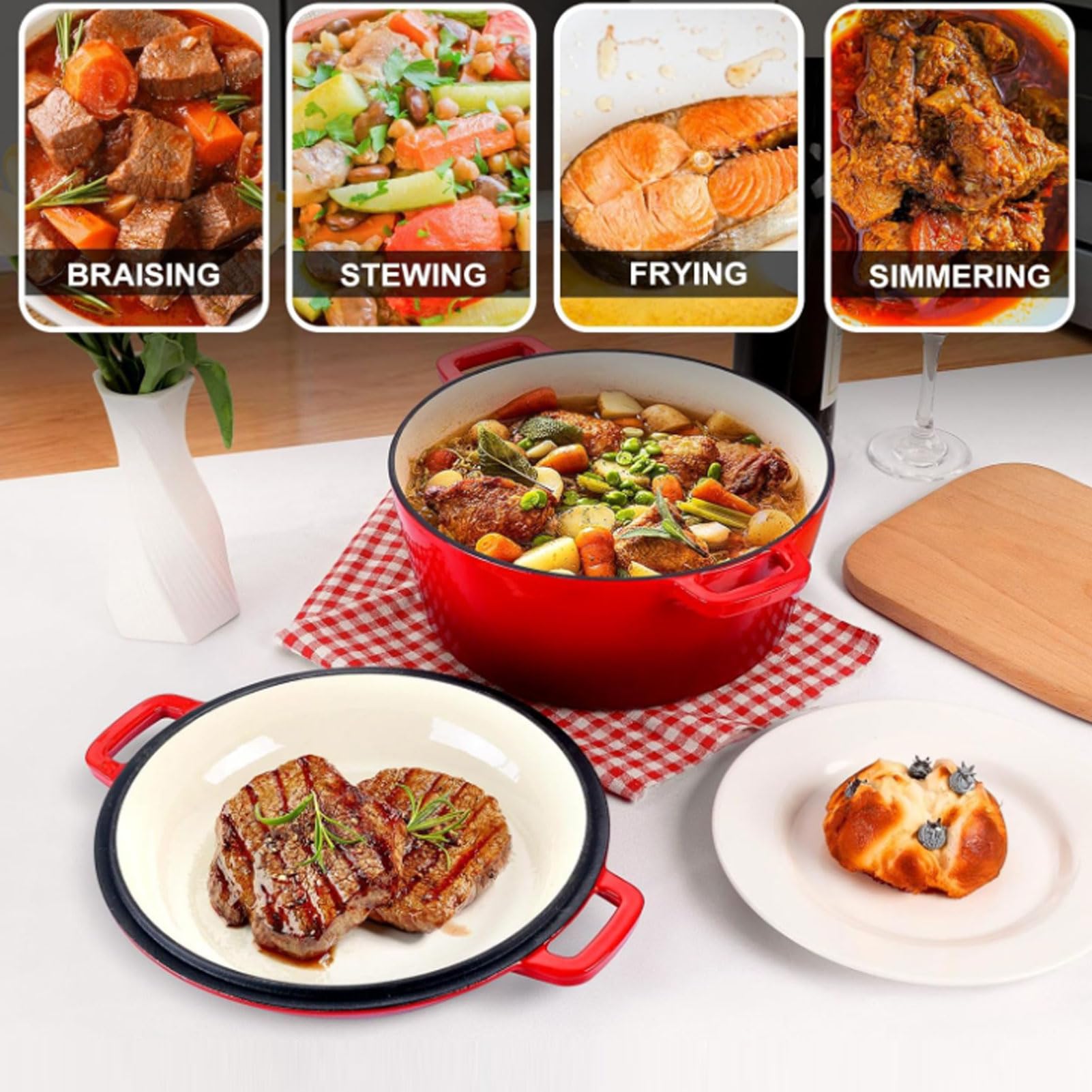 Żeliwna Patelnia, 4QT o Dużej Pojemności, Bezpieczna w Piekarniku Żeliwny Piekarnik Holenderski, żeliwna Brytfanna z pokrywką do Gulaszu Pieczenie Pieczenie Smażenie Powolne Gotowanie Wiele