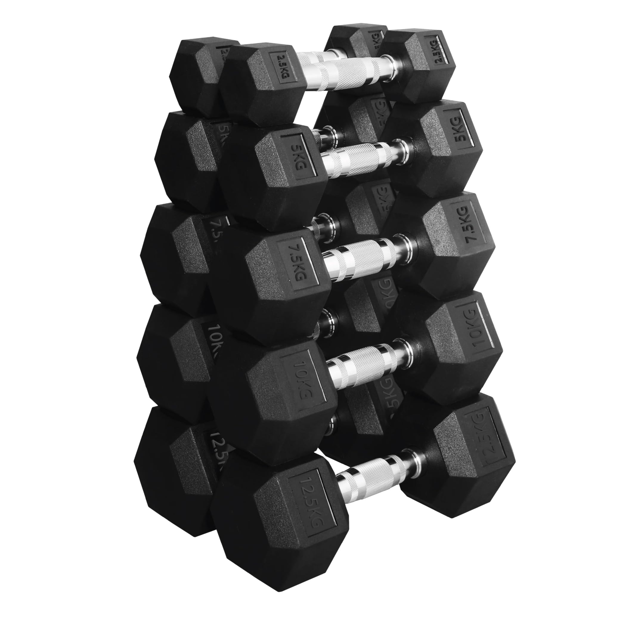 Hex Dumbbells Weight Set 5 Pairs (2.5kg–30kg) | Rubber Encased Cast Iron Dumbbells | Strength Training Equipment for Home Gym, Fitness & Workout (Without Rack-Black, 2x(2.5+5+7.5+10+12.5)75Kg)