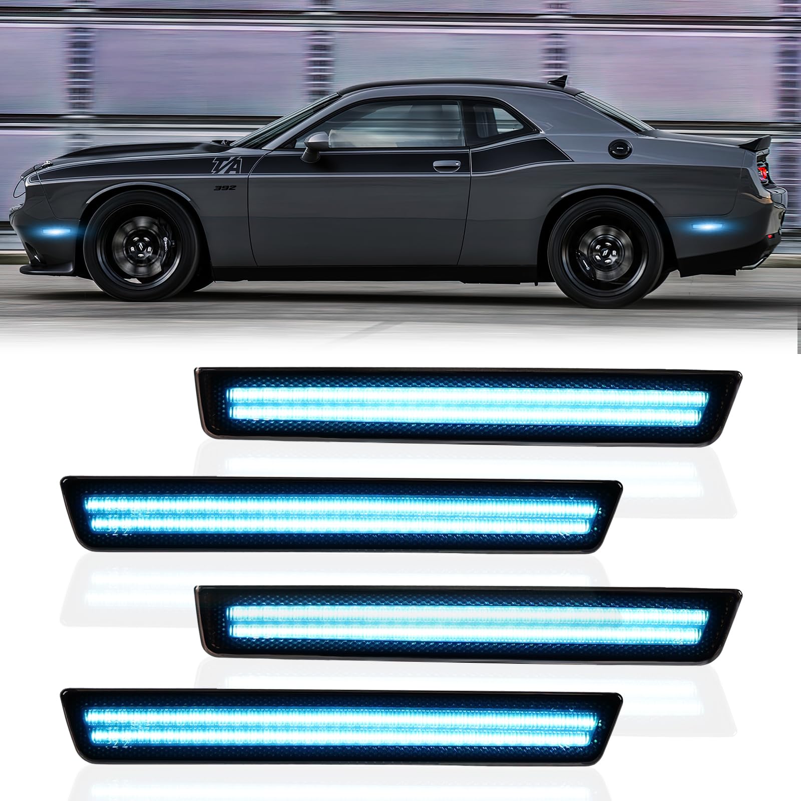 LED Side Marker Lights Front Rear Bumper Parking Signal Lamps for 2015-2023 Dodge Challenger 4PCS, Ice Blue