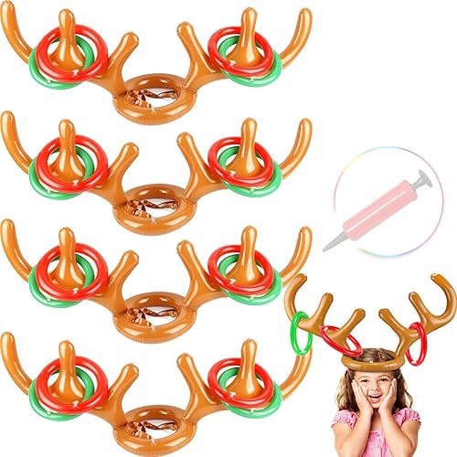 Paquete de 4 juegos inflables de anillos de cornamenta, relleno de calcetín de anillo de reno para juegos de fiesta de Navidad, regalos divertidos