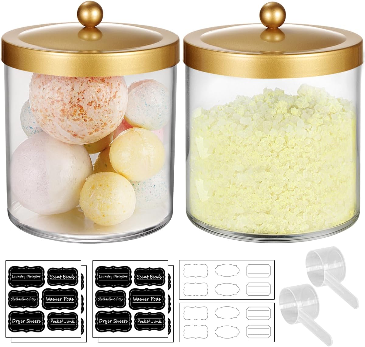 2 Pack 50 Ounce Large Clear Apothecary Jar with Gold Rust-Proof Lid - Shatterproof Plastic Storage Canister - Modern Luxury Bathroom Vanity & Laundry Room Organizer for Pods, Bath Salts