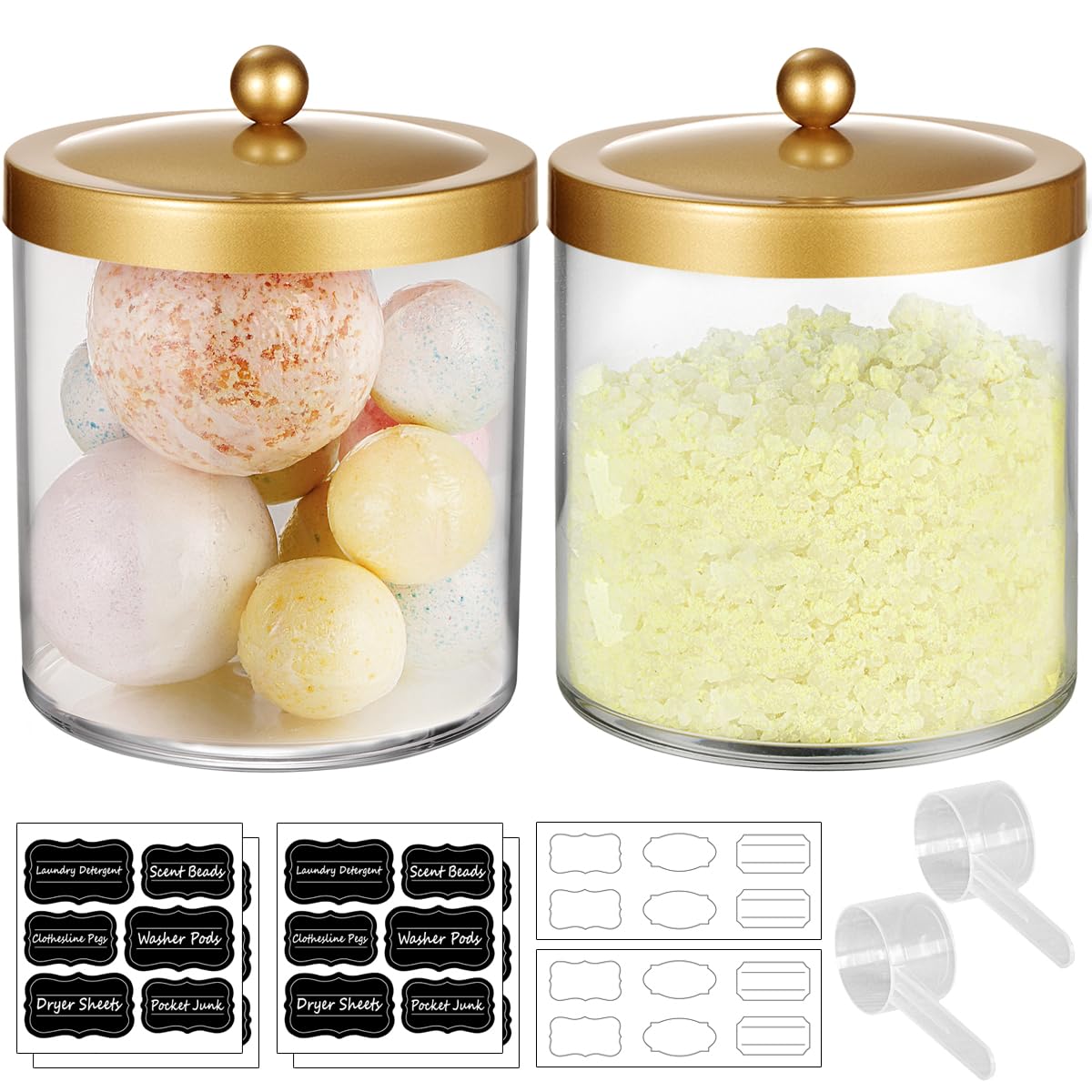 2 Pack 50 Oz Large Apothecary Jar for Bathroom, SheeChung Premium Plastic Storage Jar with Lids, Laundry Vanity Snack Canister Jar for Bath Bomb, Cotton Ball, Laundry Pods(Gold)
