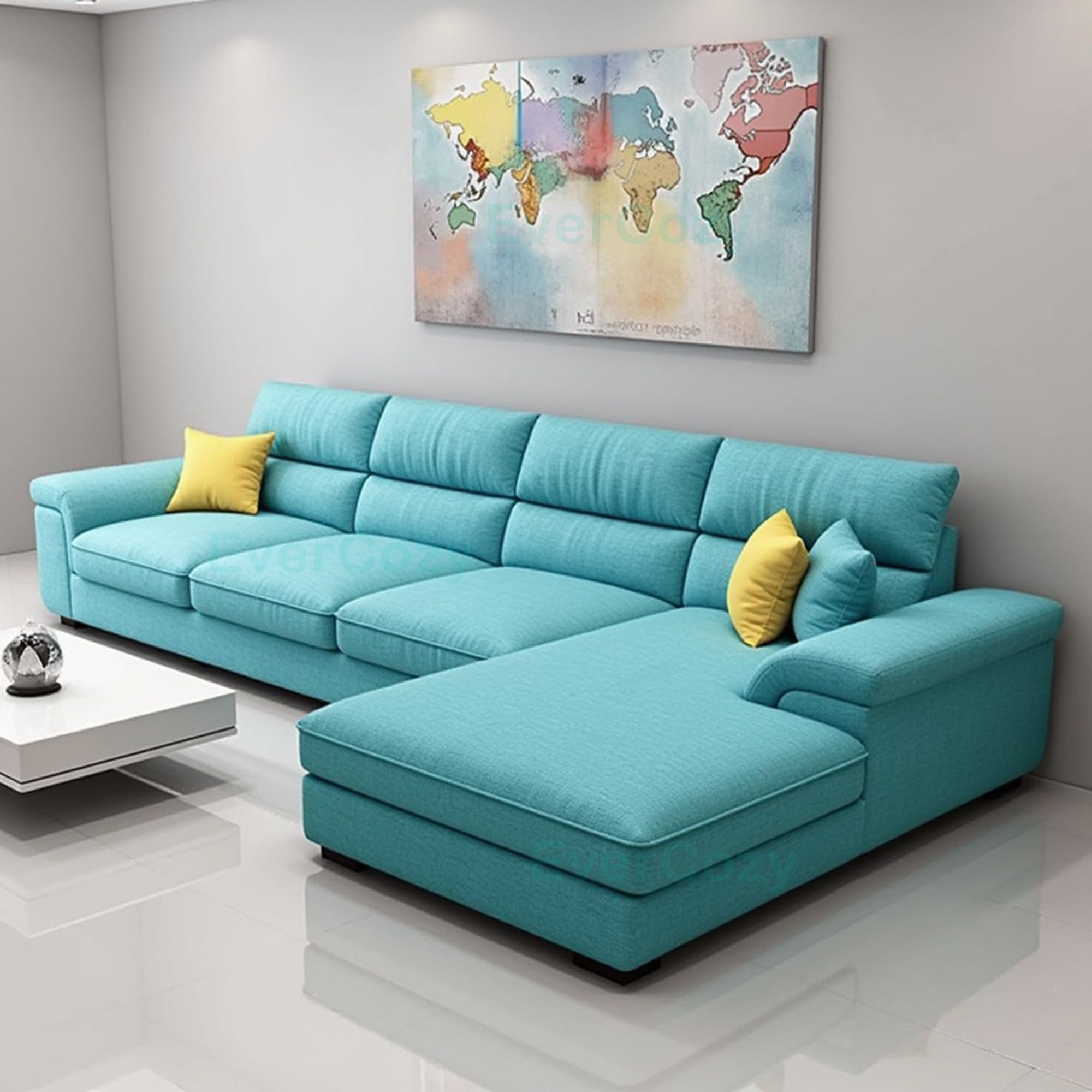 EverCozy Italino 5 Seater Luxurious L Shape Fabric Sofa Set (Right Side Lounger, Aqua Blue) | 5 to 6 Person Wooden Corner Sofa Couch for Living Room Bedroom Home Hall Furniture