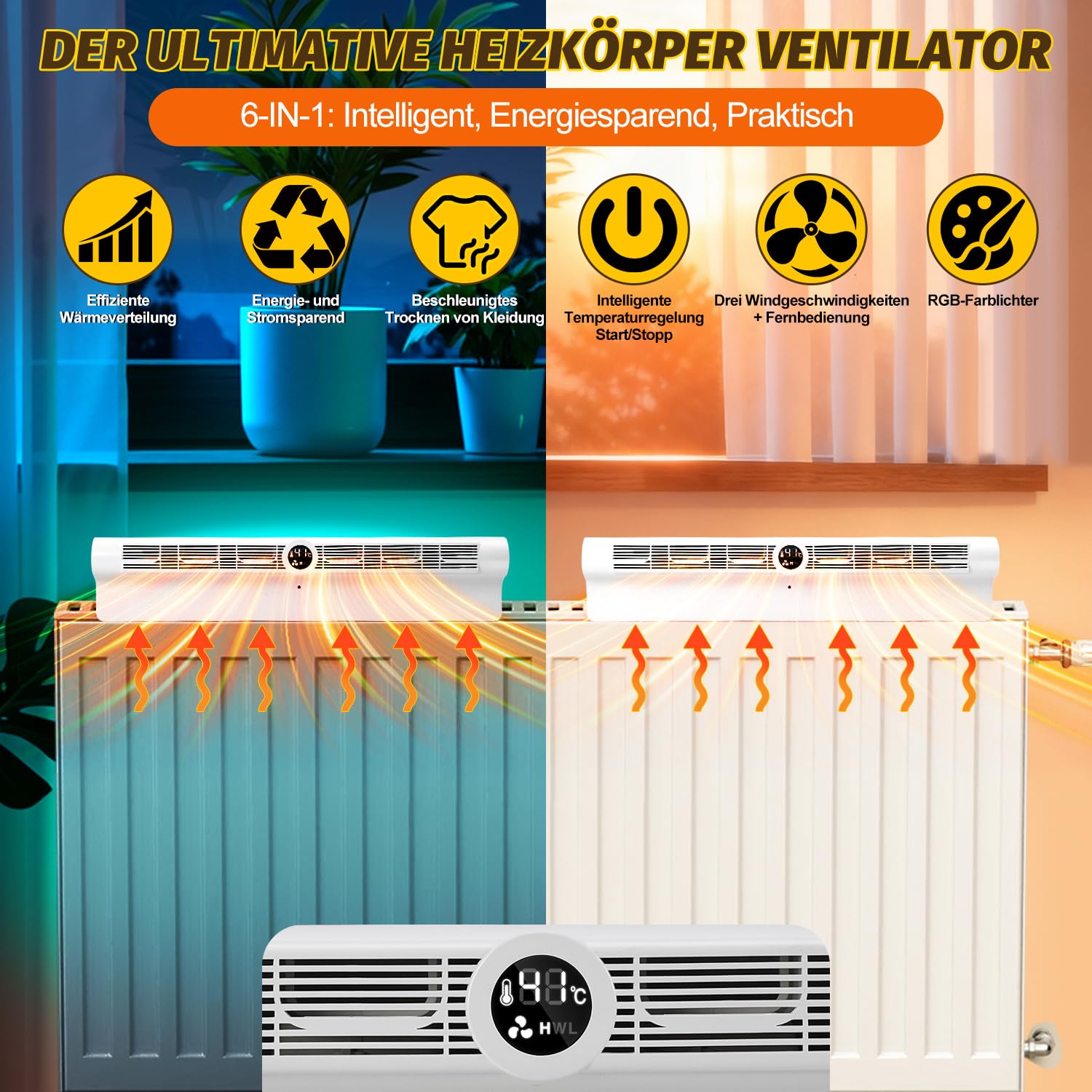 Heizkörper Ventilator mit 6 Auslässen, 7-Farben-RGB