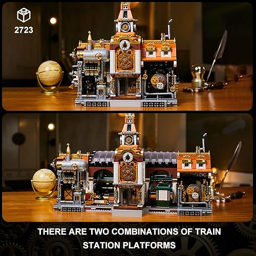 Miniatura 2 de BRICKKK Juego de construcción de arquitectura de la estación de tren, juego de ladrillos de construcción de la estación de tren Steampunk, cuenta