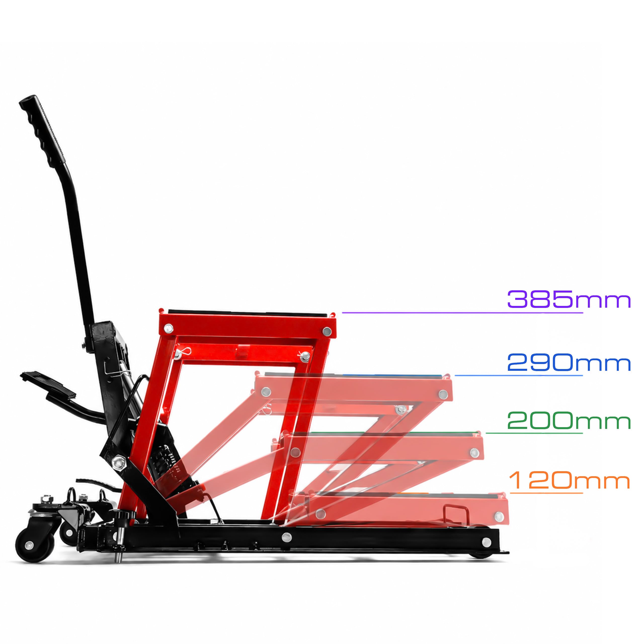 Verda Elevador hidráulico para motocicleta, 680 kg, 120 – 385 mm, para motocicleta, caballete de montaje, caballete para quad, scooter, ATV Garaje SN1755