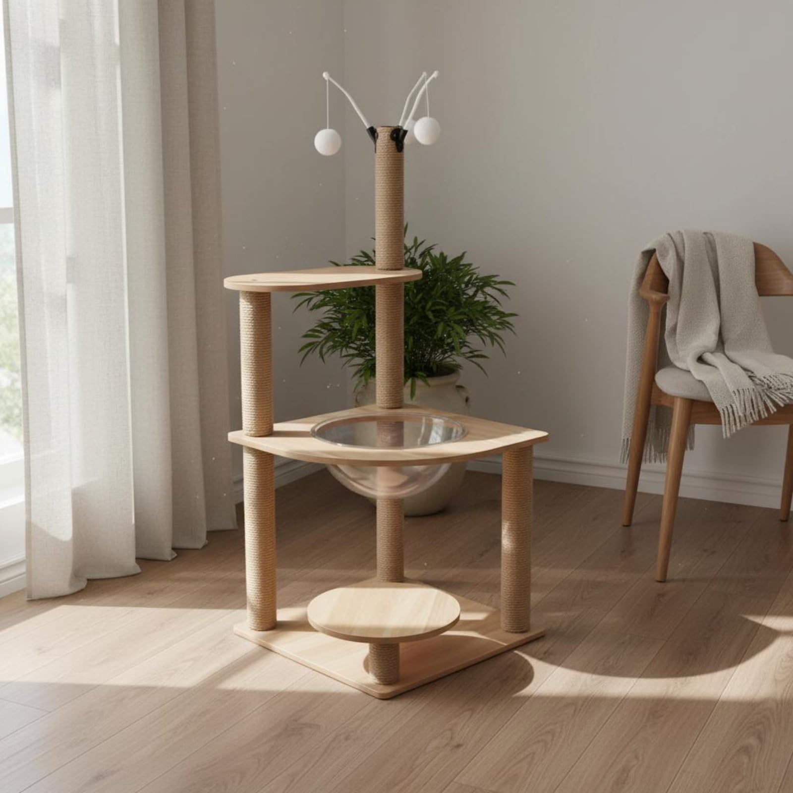 Estructura para Gatos con Torre Refugio y Rascador Diseño de Varios Niveles en Madera MDF con de Sisal y Cúpula Acrílica Base Estable Adecuado para, Madera Clara, Style to 2