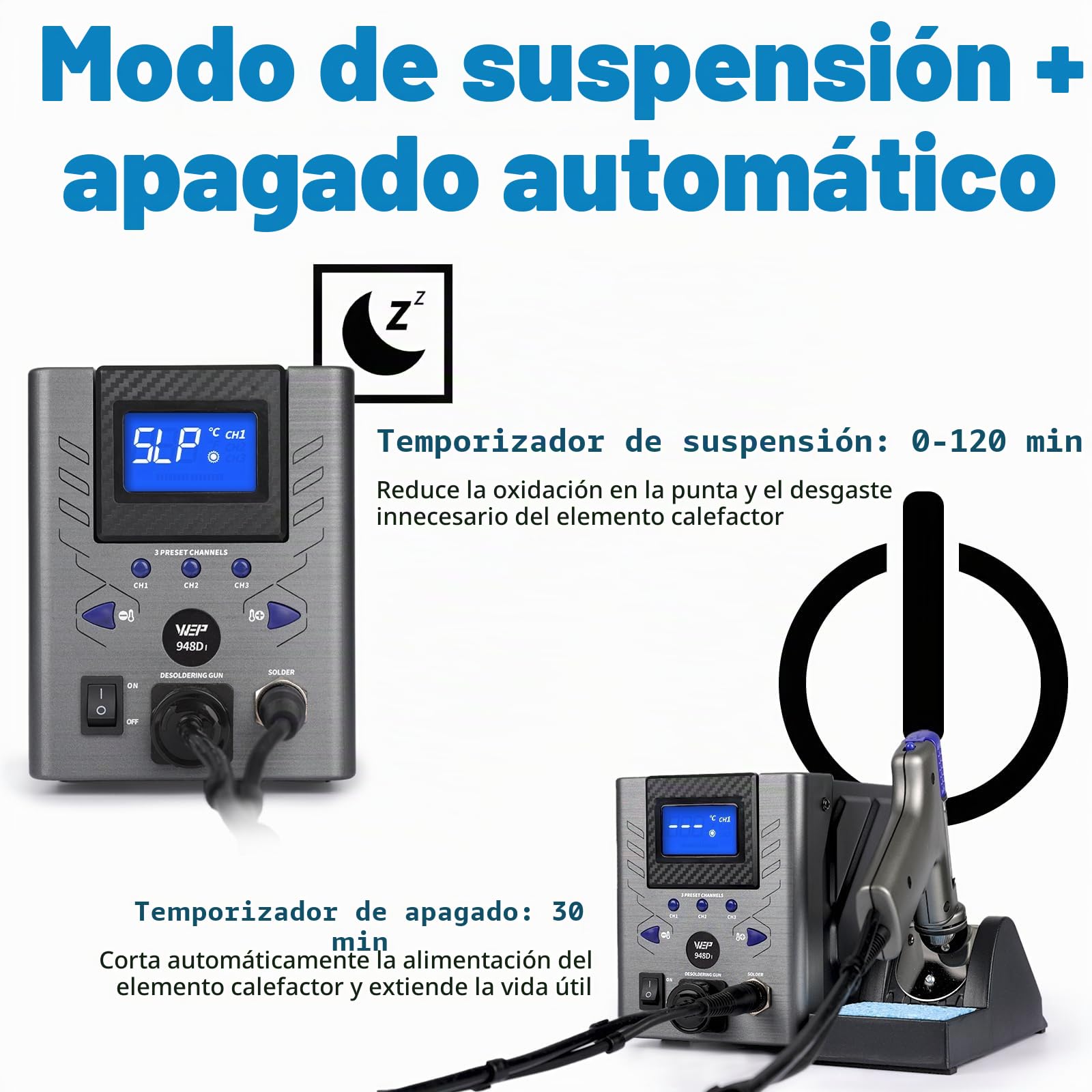 WEP 948D-I 110W Estacion de desoldadura de alta potencia con 4 boquillas de desoldado, control de temperatura con 3 canales preconfigurados, pantalla inclinable, a prueba de ESD(EU)