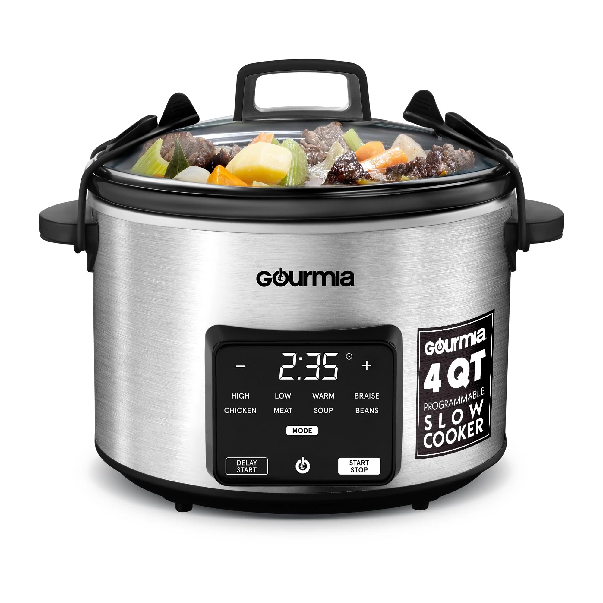 Gourmias GSC517 Slow Cooker 4.5 Quart, 5 Preset Modes, Digital Display, Timer up to 24h, Auto Keep Warm, Dishwasher Safe, Serves 5 (Stainless Steal)
