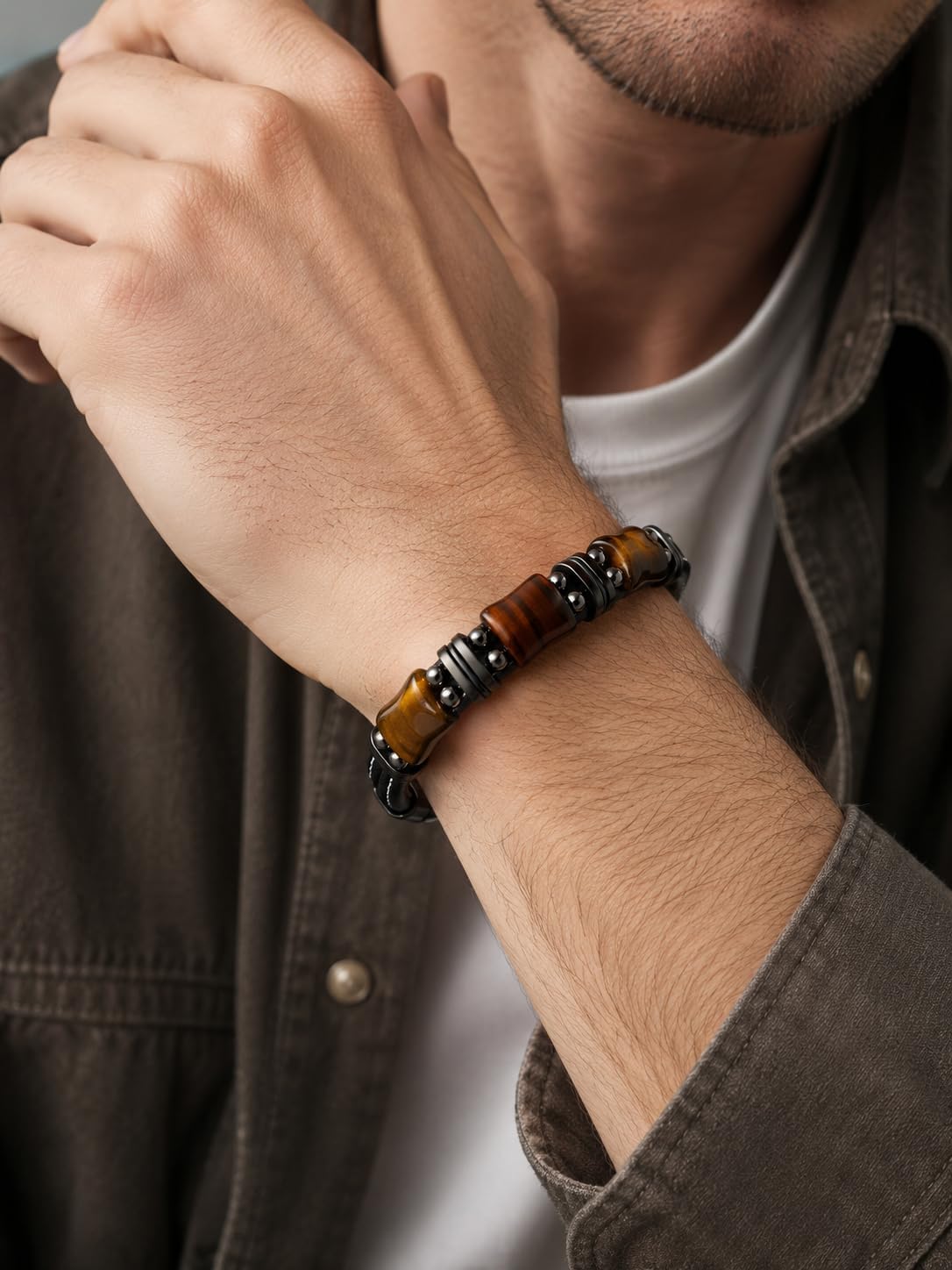 Men's Braided Leather Bracelet with Natural Tiger Eye Stone Handmade Multilayer Woven Wristband with Stainless Steel Clasp Jewelry Gift for Him