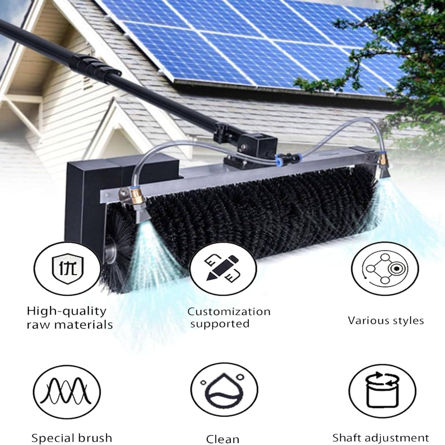 Cepillo telescópico para la Limpieza de Paneles solares con Mango con Suministro de Agua para una solución de Limpieza eficiente y Sencilla.