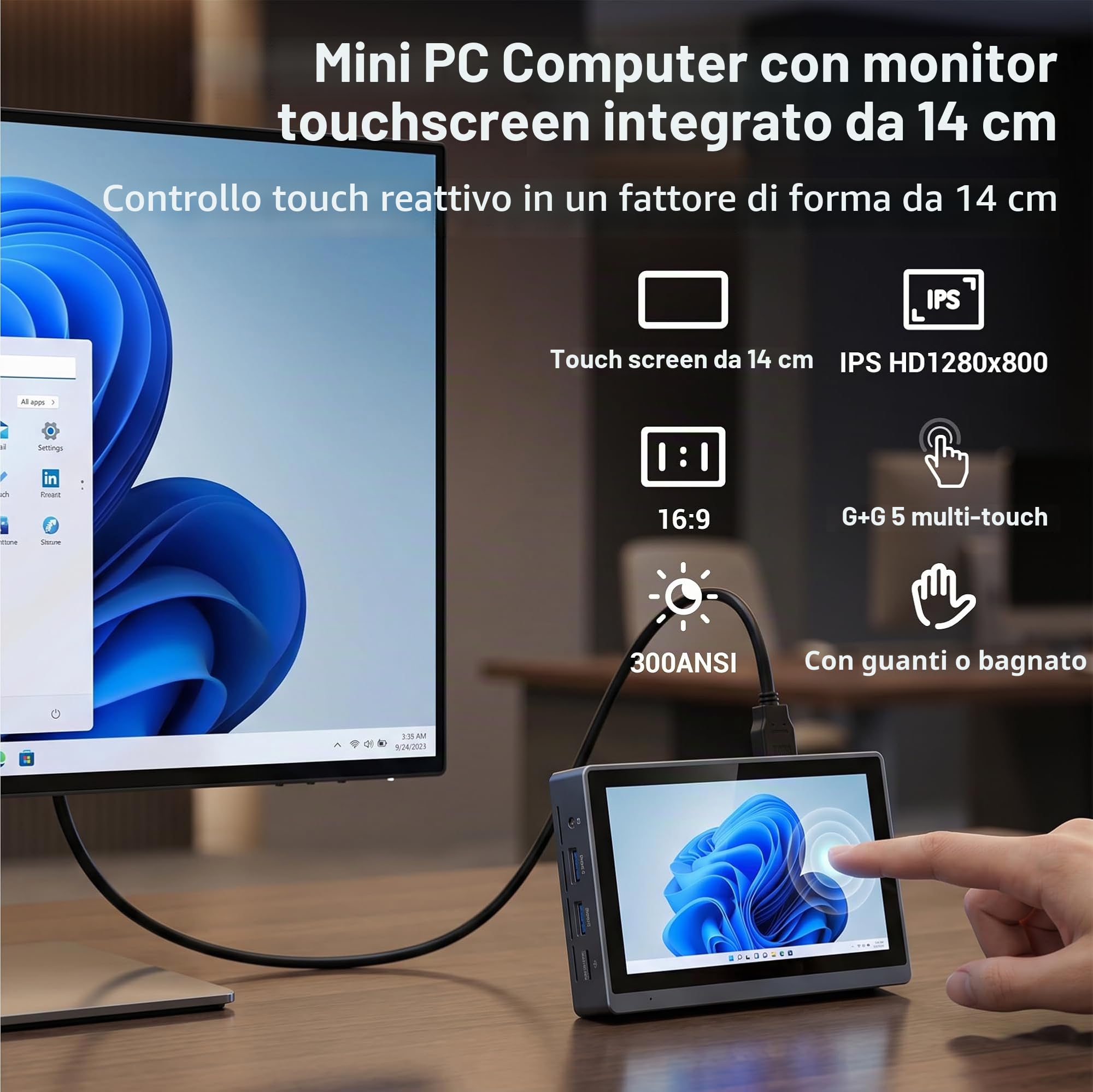 PC Mini Desktop Mini PC Celeron N5095 8GB RAM 128GB ROM con Ventola, Mini Computer Win 11 PRO con Schermo Tattile 5.5 Pollici, Doppio Display Output 4 K a 60 Hz, WiFi5 Gigabit Ethernet