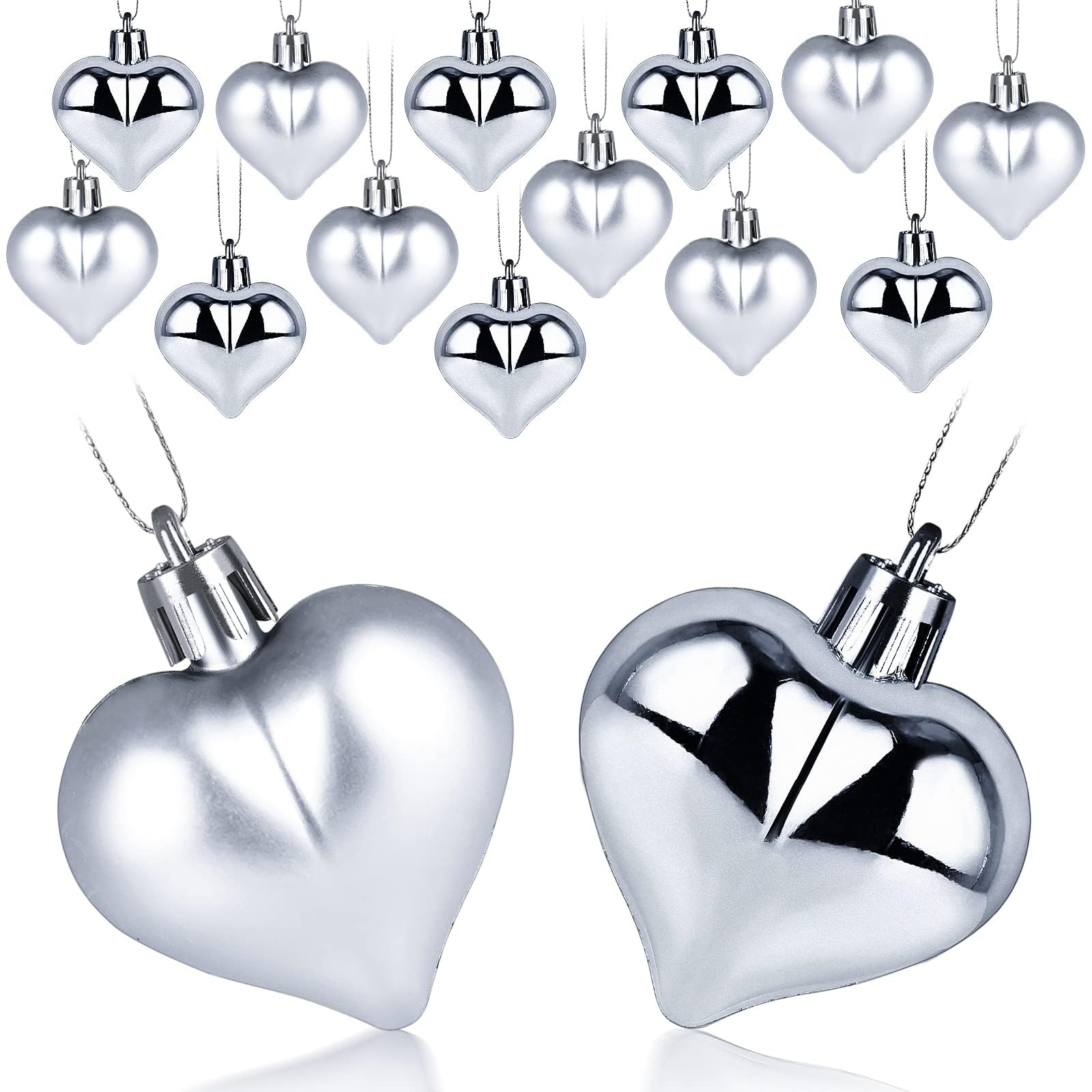 Valentinstag Herz Ornamente, 12pcs Weihnachtsbaum Kugeln Herzförmige, Klein Herz Kugeln, Romantische Deko für Valentinstag, Hochzeiten und Hochzeitstage(Silber)