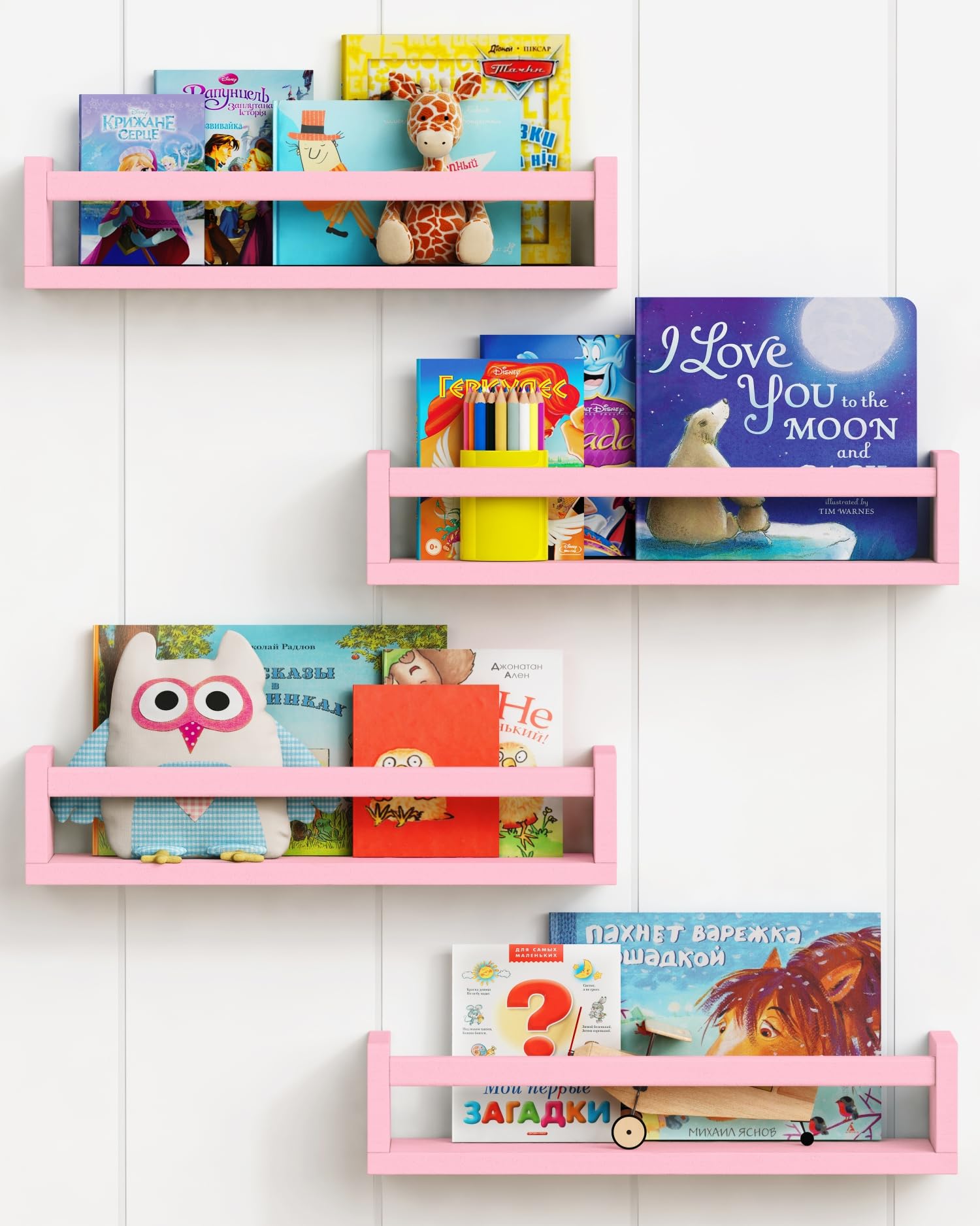 Forbena Pink Floating Shelves for Wall, Aesthetic Wall Bookshelf for Girls Room Decor, Wood Nursery Bookshelves for Toddler Kids Bedroom and Toy Storage Organizer (Set of 4, Pink)