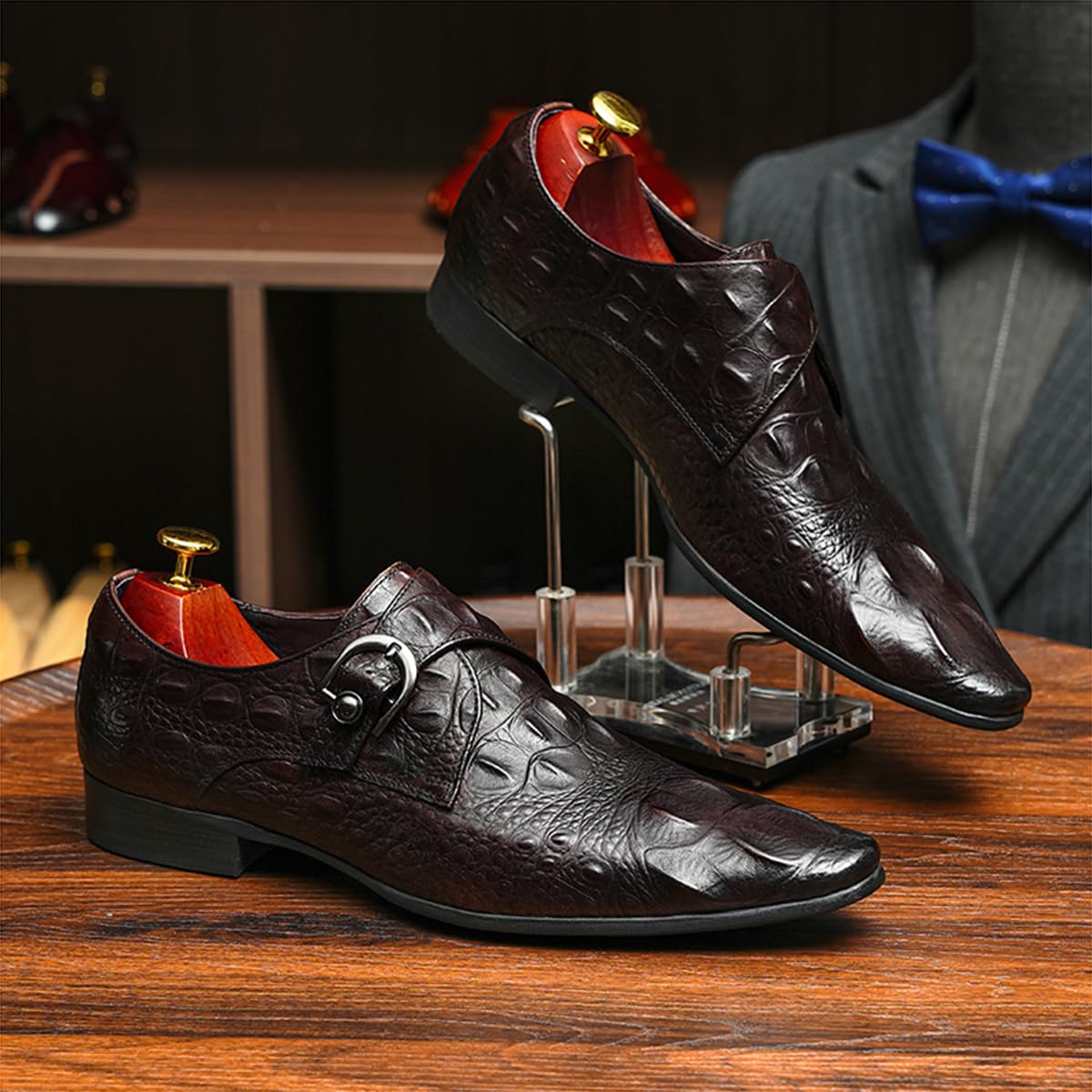 Mocasines Formales Negocios para Hombres Zapatos Monk Relieve en Punta en Cuero Genuino Zapatos de Vestir Slip On con Hebilla