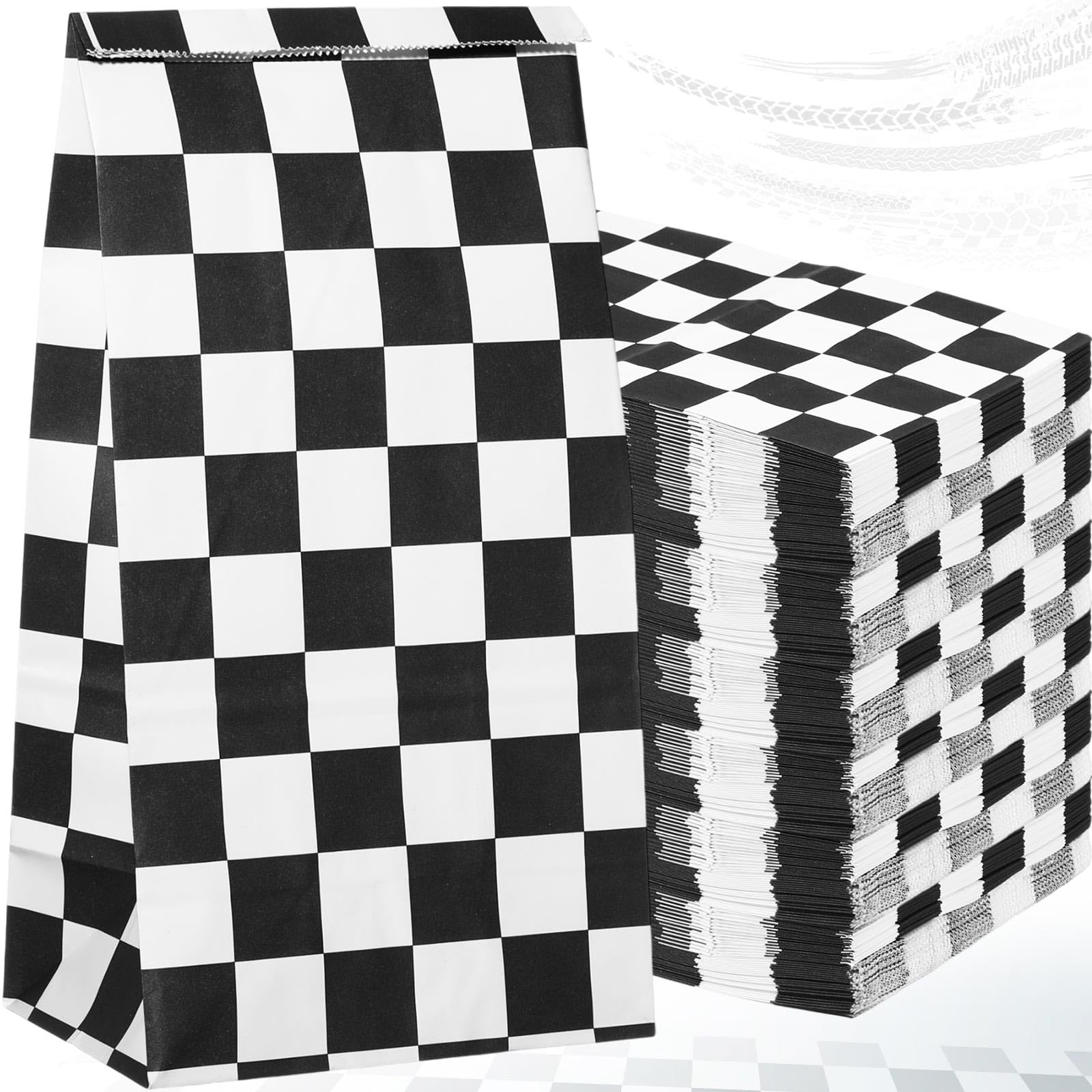 Watersay 100 Pack Checkered Racing Paper Bags 8lb Black and White Race Car Kraft Paper Treat Goodie Candy Bags for Birthday Party Decorations Supplies