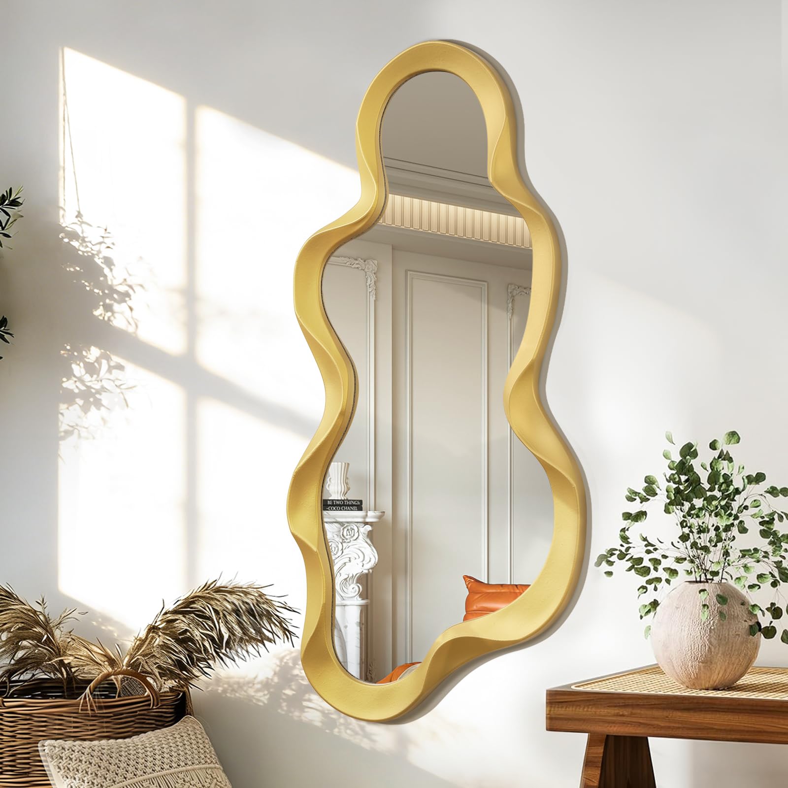 Lzuso Large Asymmetrical Mirror Irregular Wood Frame Modern Unique Wall-Mounted Artistic Wavy Mirrors Decor Bathroom Vanity Bedroom Living Room Entryway Hallway 76x36cm