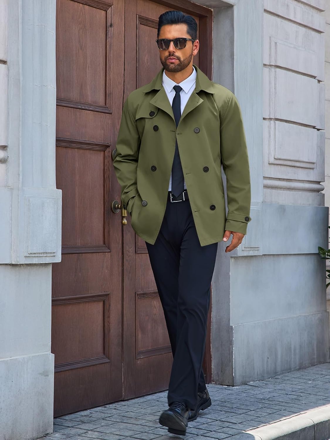 Runcati Mens Trench Coat Double Breasted Notched Lapel Jacket Casual Belted Windbreaker Overcoat - Image 5