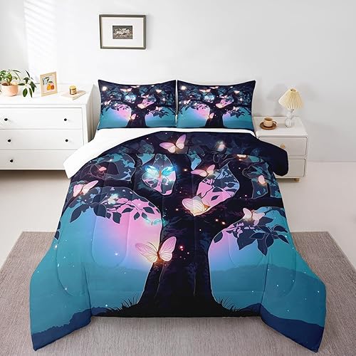 Erosebridal Juego de edredón mágico tamaño Queen, juego de ropa de cama de mariposas rosas, hojas de árbol de hadas, ramas de naturaleza, edredón de