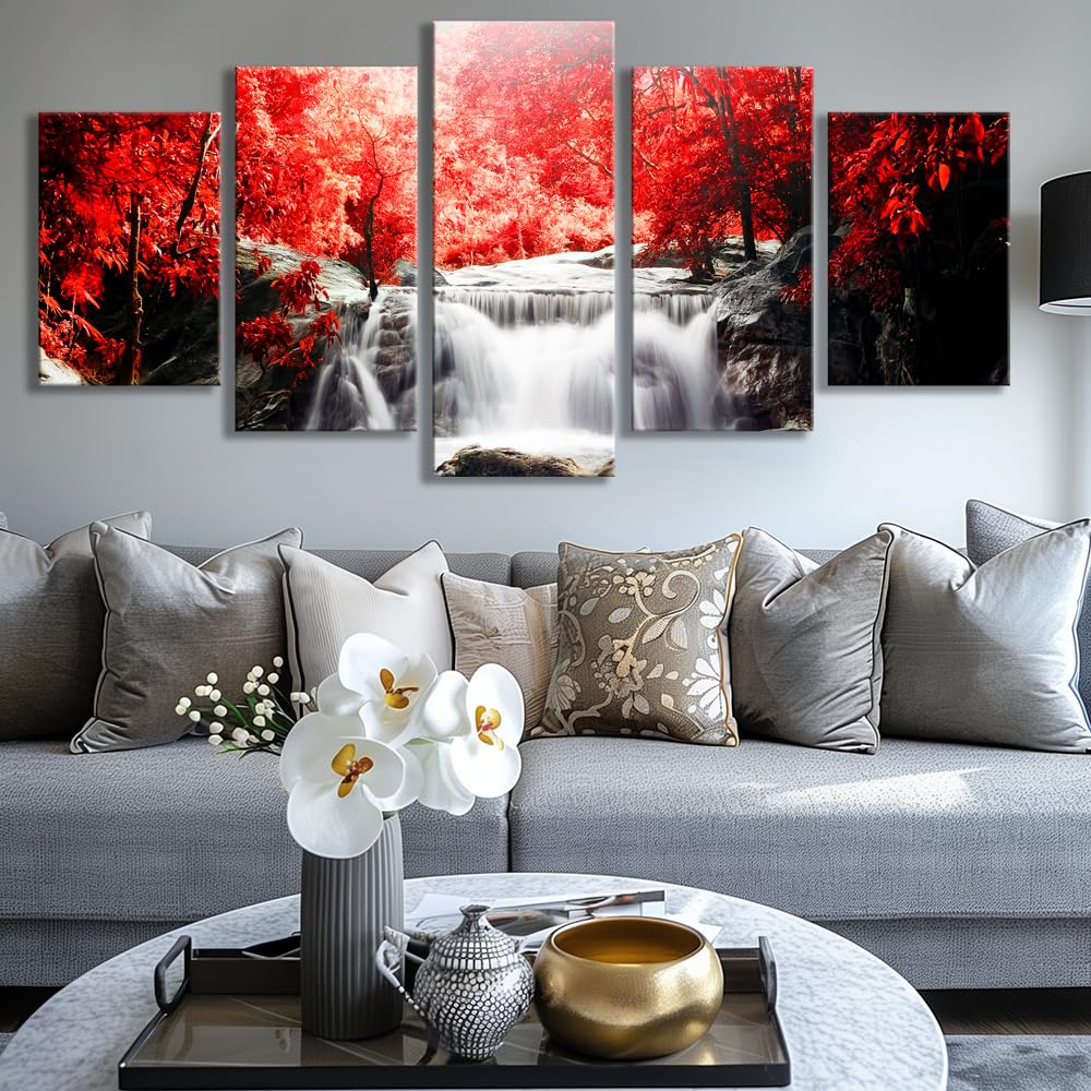 Lager Canvas Wall Art 5-Piece Red Woods Waterfall Canvas Print Artwork Paintings for Wall Art for Living Room and Framed Wall Decor