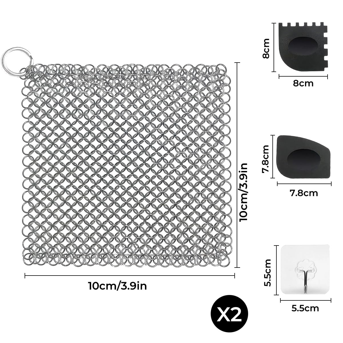 2 sztuki 304 szczotek do czyszczenia żeliwnych pierścieni 10 x 10 cm | Z plastikowym skrobakiem do grilla i samoprzylepnymi haczykami