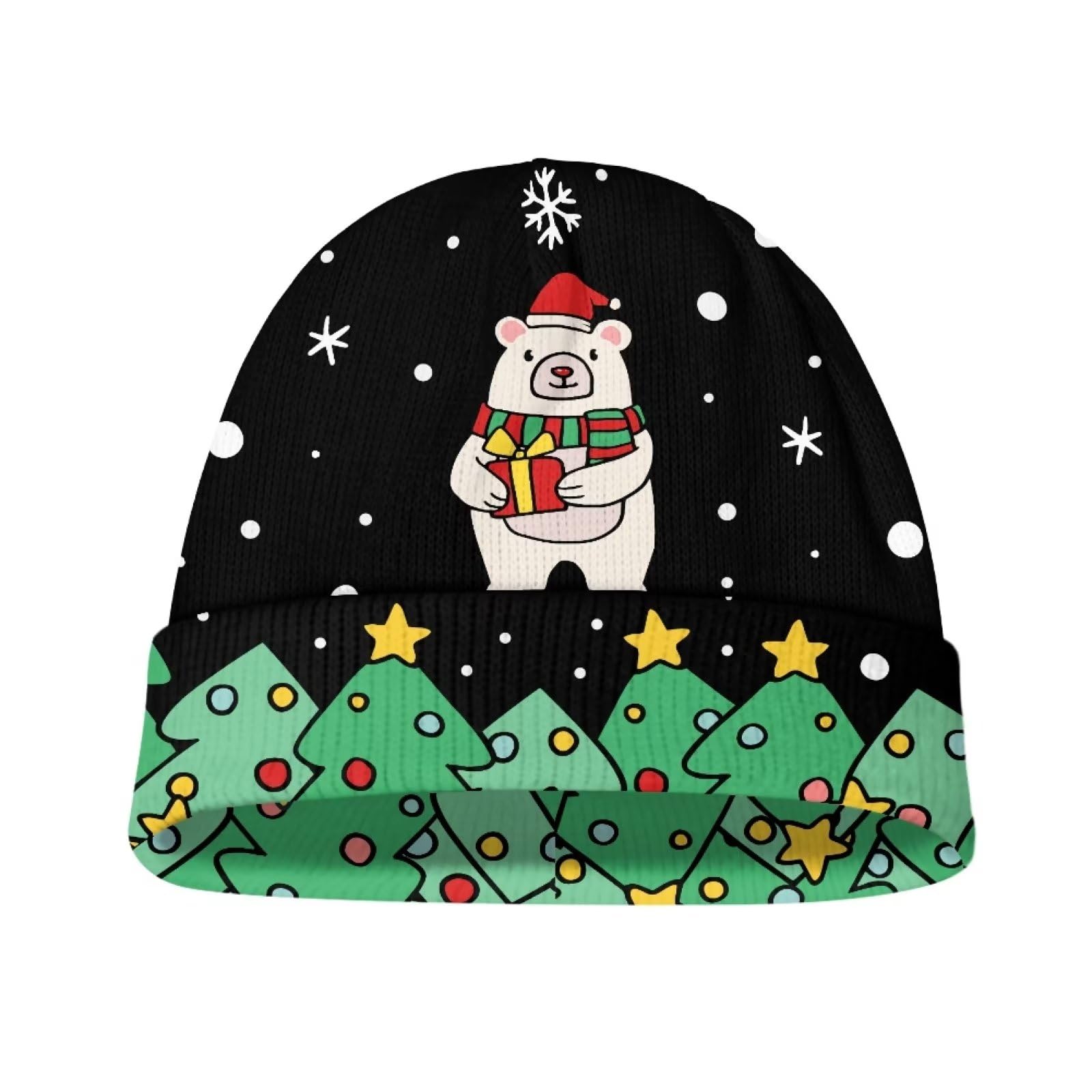 FUIALDOLG Boys/Girls Beanie Cap Soft Headwear Knitted Warm Cap Winter Warm Christmas Tree and Little Bear Elastic Hat Cuffed Beanie Pullover Hat Outdoor Activities Kids