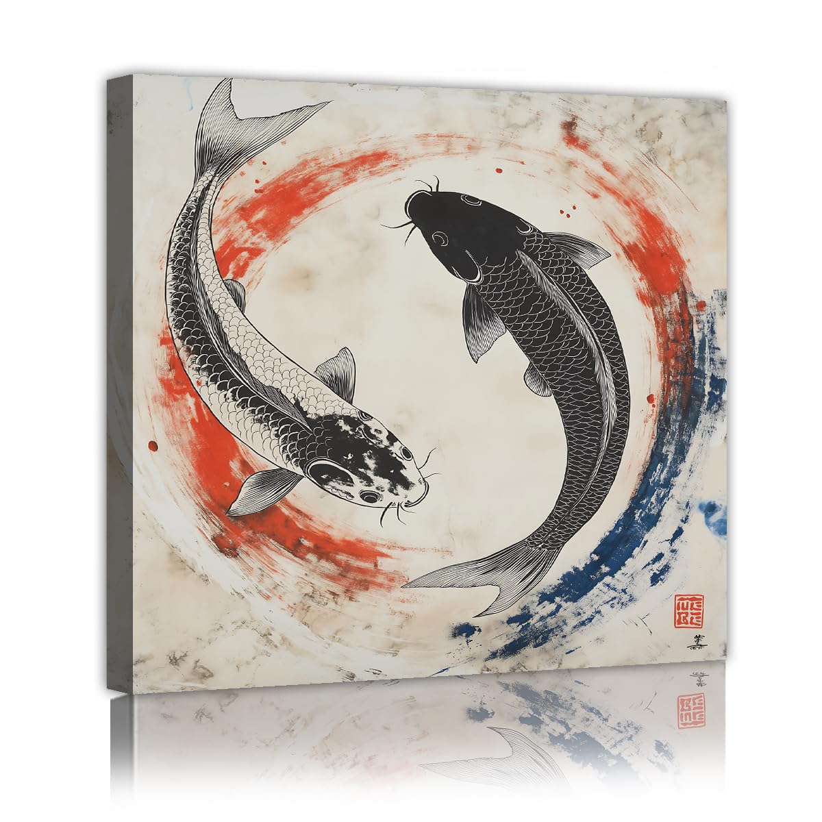 TOANGWALL Japanese Koi Fish Wall Art Red and Blue Circle Canvas Print Yin Yang Animal Poster Modern Framed Painting Picture for Office Lounge Decor 70x70cm