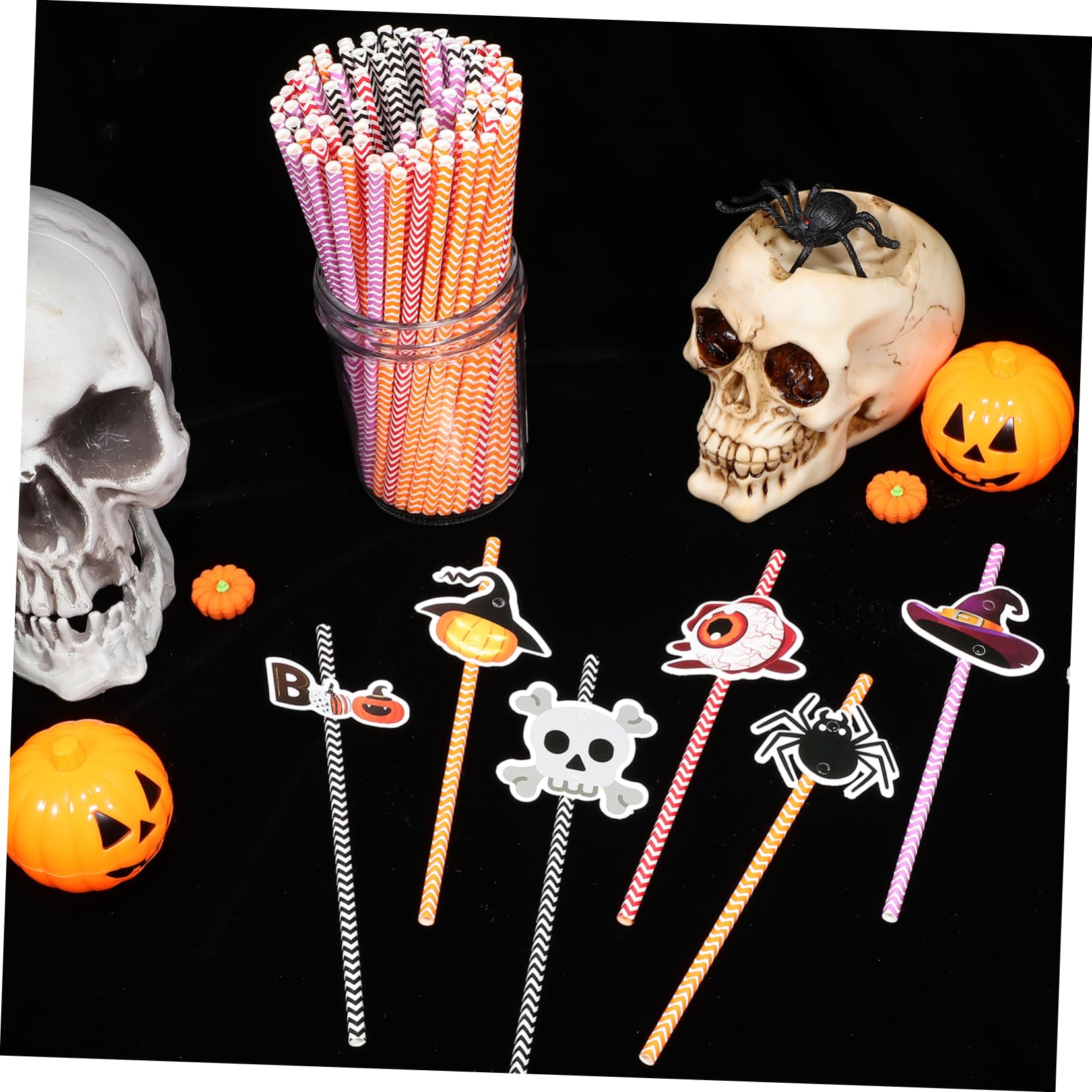 TOPBATHY 6confezioni Cannucce di Halloween Strisce Stampate Cannucce di Carta per Feste Motivi di Zucca Ragni Teschi e Bulbi Oculari Sicure da Usare per Bevande Familiari Festa