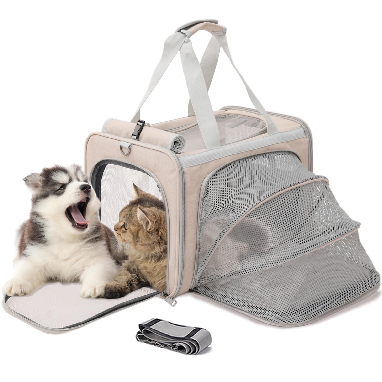 Small Dogs Carrier Airline Approved Soft Cat Carriers Stylish Expandable Pets Carriers Puppies Kitties Cage,Ventilated,Rabbit Bunny Small Animals Travel Outdoor Khaki Color